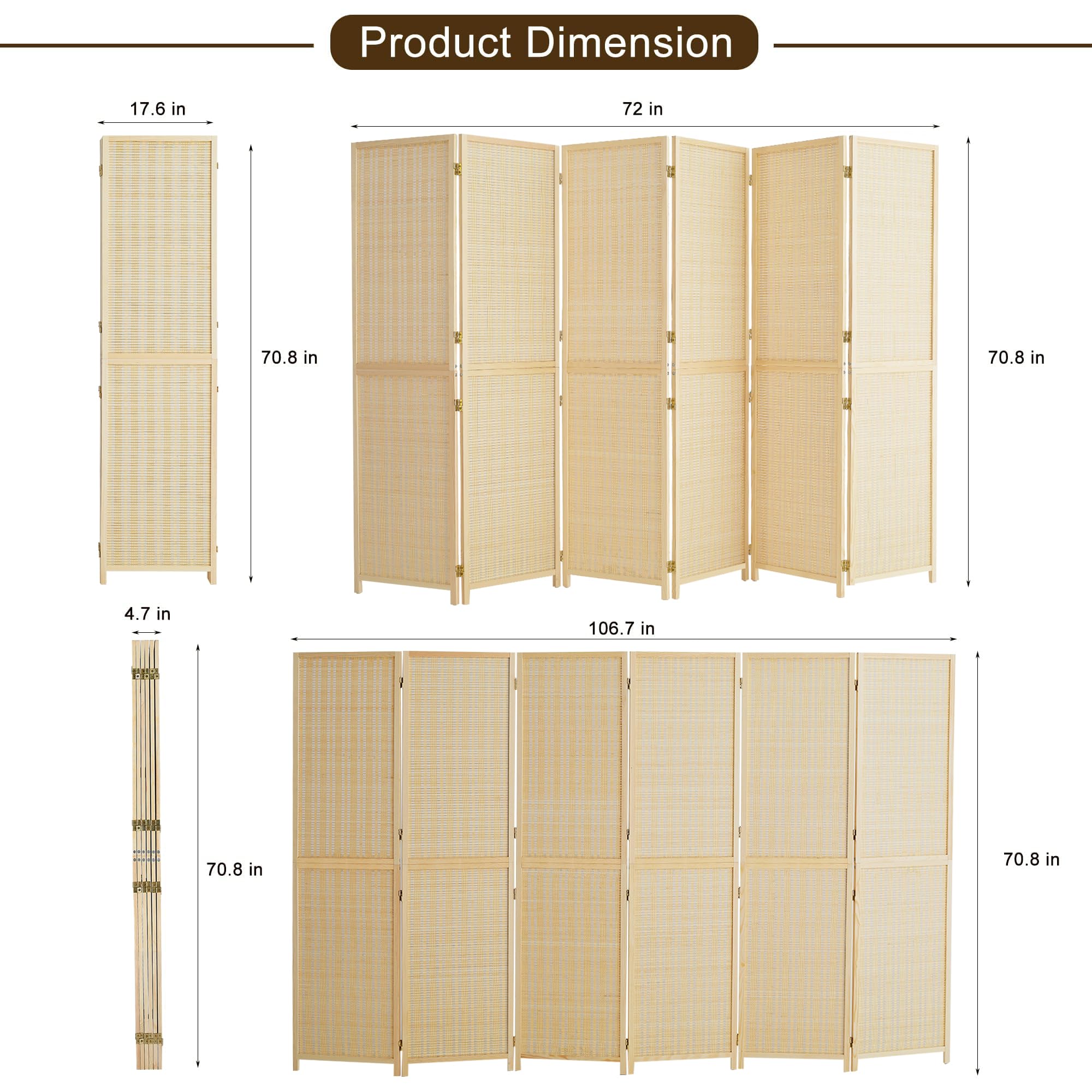 Duraspace 6 Panel Bamboo Room Divider - 6ft Tall Folding Privacy Screen for Home Office, Bedroom Separation & Portable Freestanding Wall Partition - Sturdy Double Hinge Folding Screen for Indoor Decor, Yoga Studio & Event Spaces