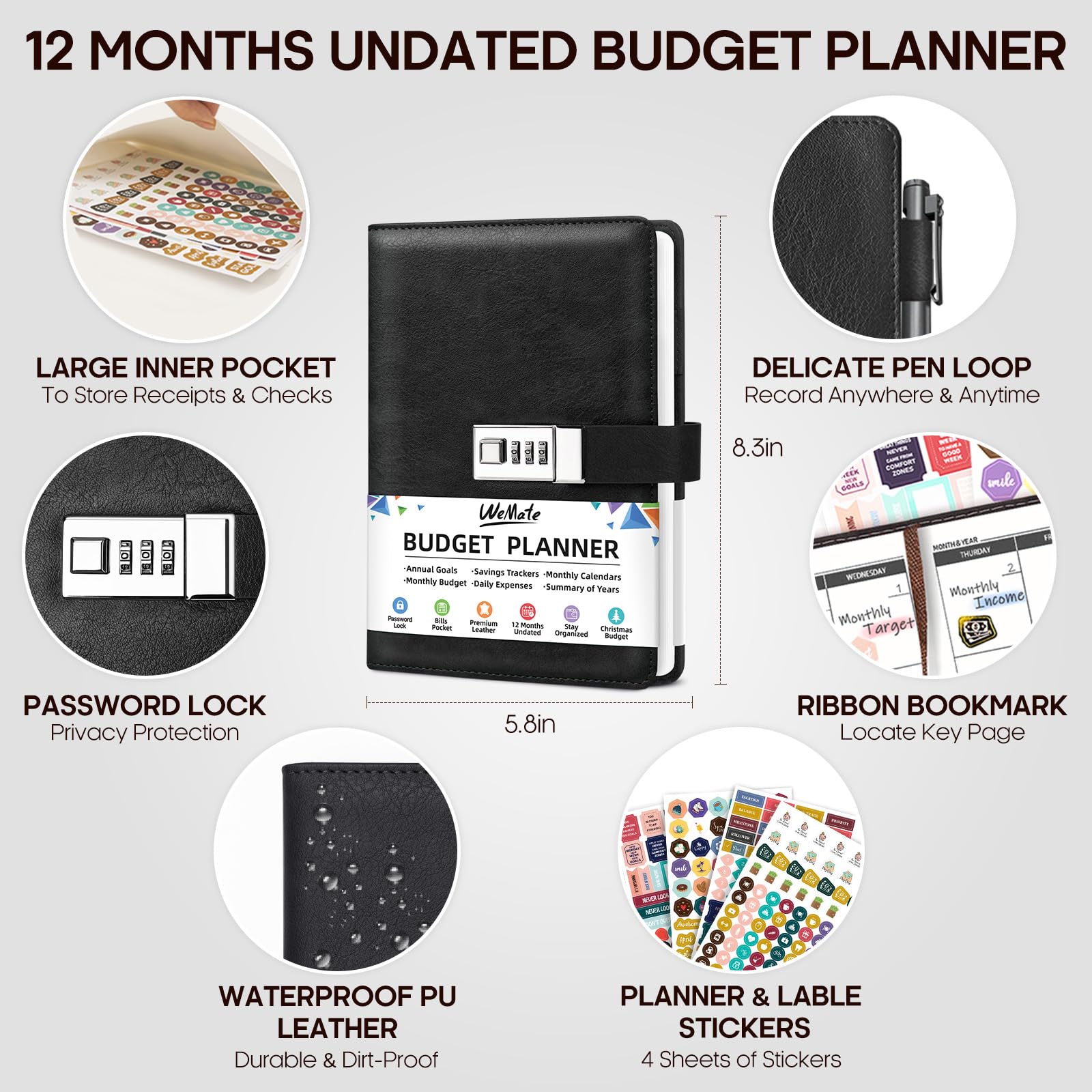 WEMATE 2025 Budget Planner with Lock - Monthly Expense Tracker Notebook & Undated Financial Planner - A5 Leather Money Organizer for Personal Finance Management - Perfect for Home Budgeting, Savings Goals & Debt Tracking - Black