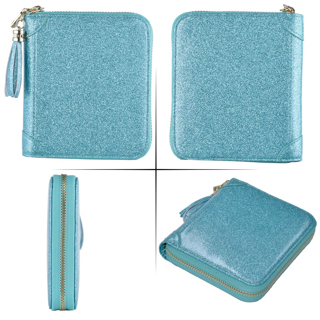 Easyoulife Women's RFID Blocking Leather Credit Card Holder Wallet with Zip Closure - Glitter Teal | Slim Card Case for Everyday Use, Travel & Business