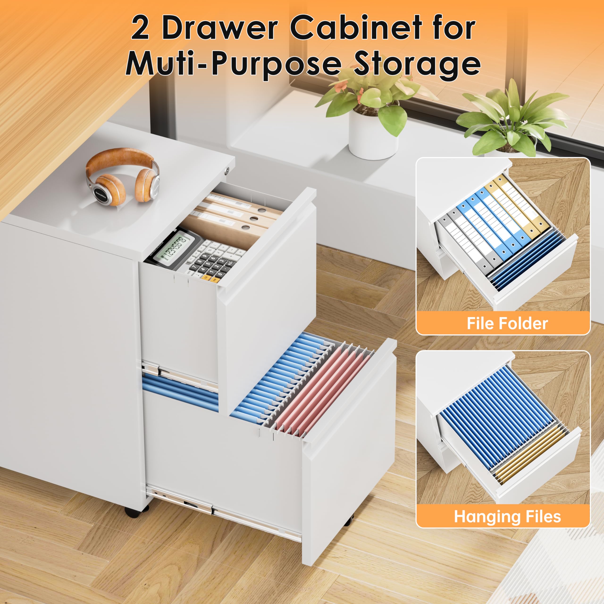 INTERGREAT 2 Drawer Metal File Cabinet with Lock & Wheels - Secure Office Document Organizer for Legal/Letter Size - Under Desk Storage Solution for Home & Business Use