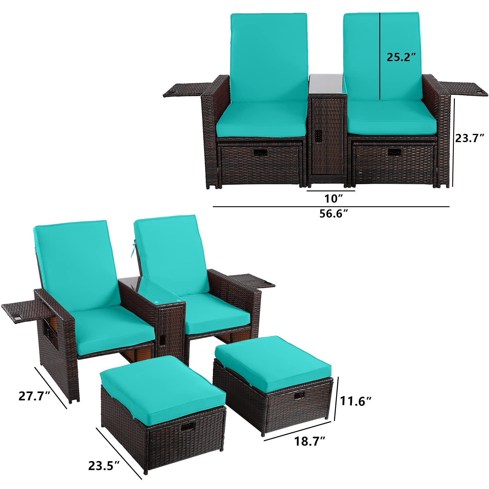 5PCS Outdoor Patio Furniture Set - Wicker Loveseat Sofa with Adjustable Backrest, Coffee Table & Ottoman - Rattan Lounge Chair for Garden, Beach, Poolside, Balcony, Backyard, Deck - Perfect for Relaxing, Entertaining & Outdoor Dining