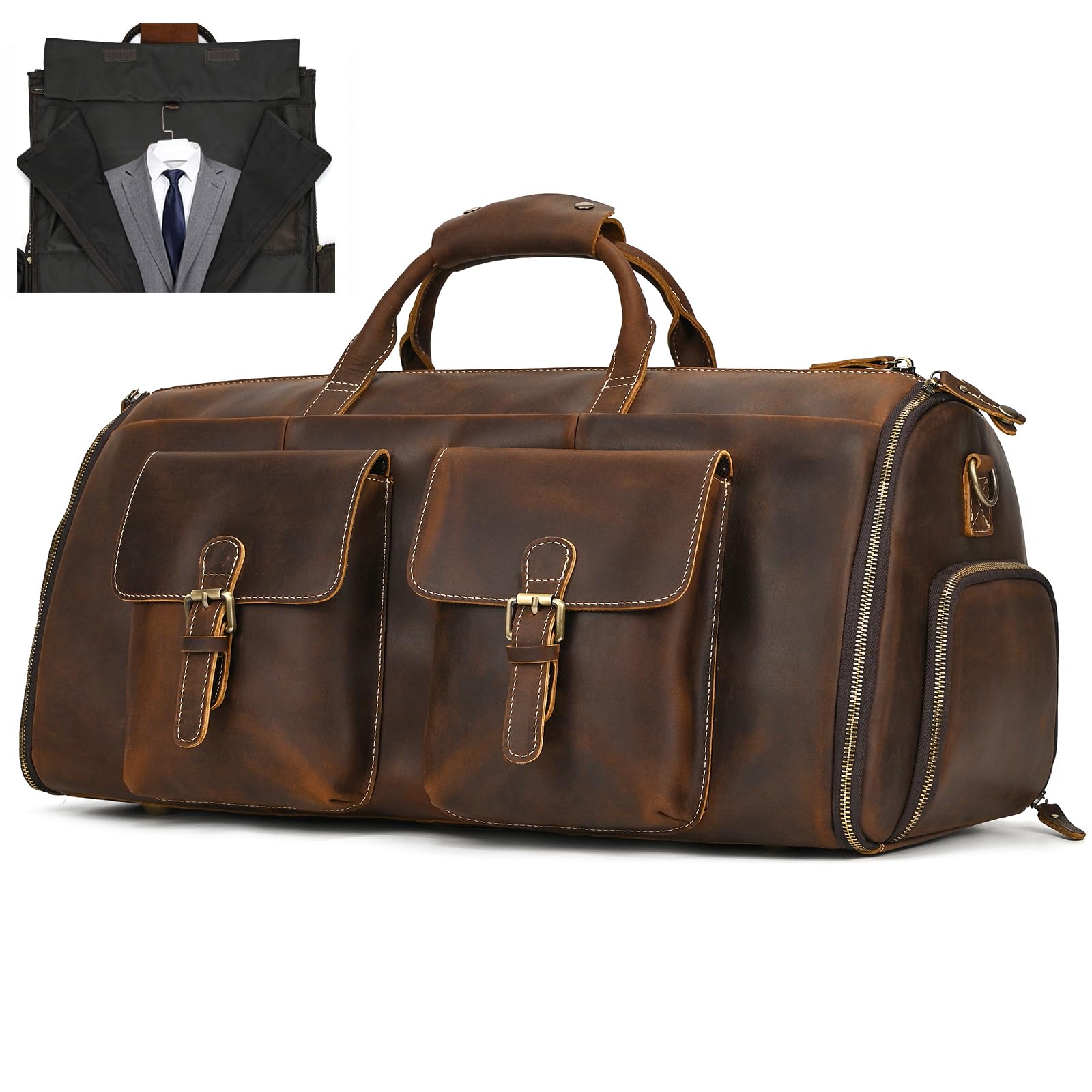 Premium Men's Leather Garment Bag - Convertible Carry-On Duffel & Weekender Travel Bag (2-in-1 Hanging Suitcase) - Coffee Brown 2203 - Perfect for Business Trips, Weddings & Formal Travel