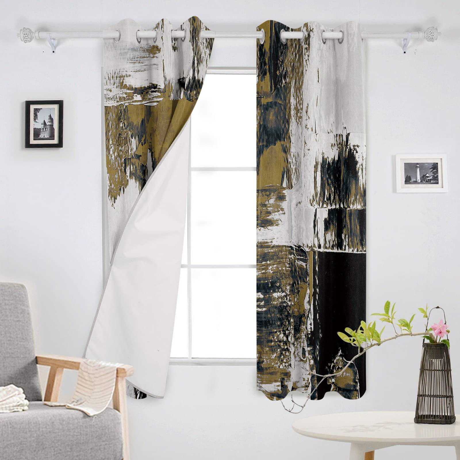 Abstract Green Brown Brush Stroke Textured Blackout Curtains - Thermal Insulated Room Darkening Window Drapes for Living Room & Bedroom (2 Panels, 52x90 Inches) - Perfect for Modern Home Decor, Sun Protection & Energy Saving