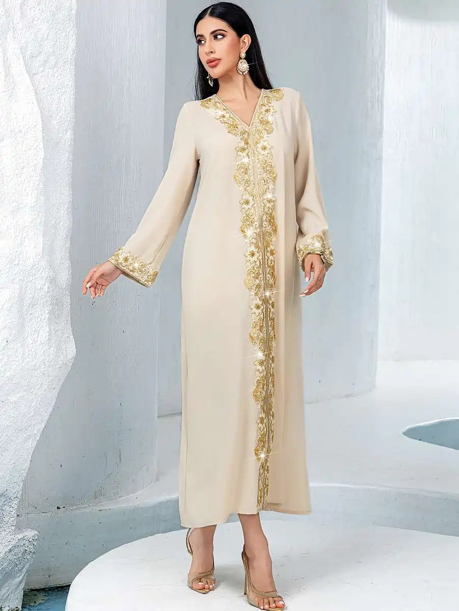 Elegant Eid Kaftan Dress with Embroidery Lace - Women's Flowy Caftan for Special Occasions - Perfect for Eid Celebrations, Weddings, and Summer Parties