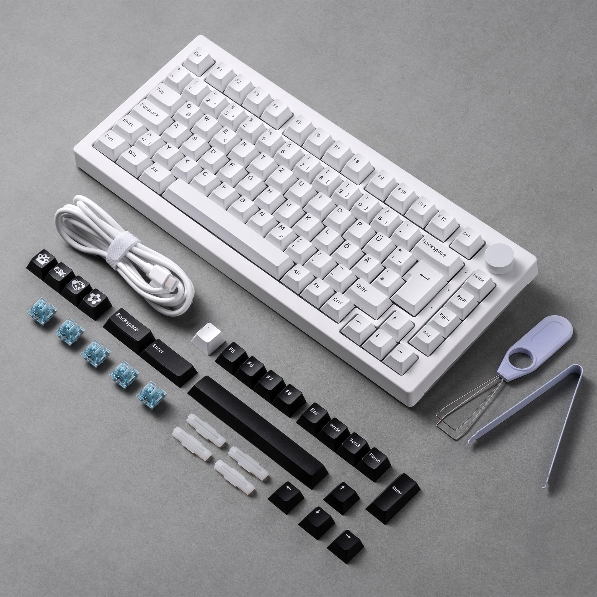 Akko 5075B Plus Mechanical Gaming Keyboard - 84 Key Gasket Mount, Multilingual ISO Layout, Programmable Rotary Knob, Hot-Swappable Tactile Switches, Cherry PBT Keycaps (Black & White) - Perfect for PC Gaming, Office Work & Typing Enthusiasts
