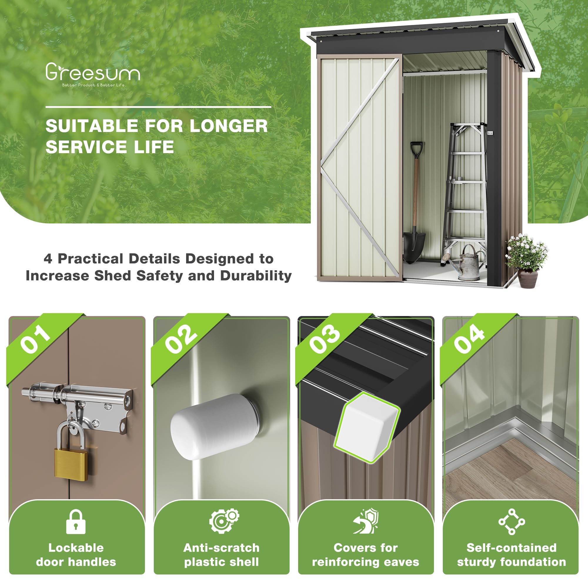 Greesum 5x3 ft Outdoor Storage Shed - Metal Utility Tool Shed with Lockable Door for Garden, Patio & Backyard Organization (Brown) | Perfect for Storing Lawn Mowers, Gardening Tools & Outdoor Equipment