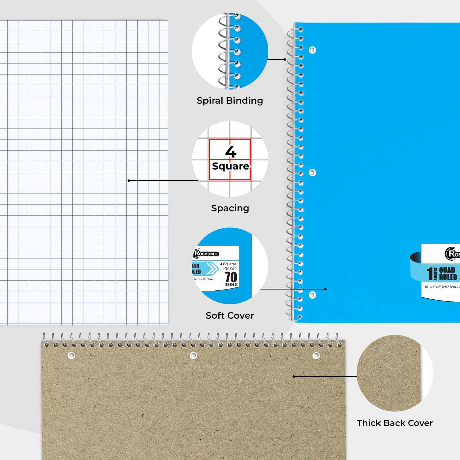 24 Pack 8 x 10.5 Inch 4x4 Grid Spiral Notebooks - 70 Sheets (140 Pages) Single Subject Quad Ruled 3-Hole Punched Graph Paper Notebooks for School, Office & College Note Taking - Bulk Spiral Bound Notebooks for Math, Science & Engineering Students