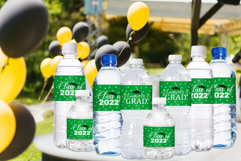 24pcs Waterproof Graduation Party Water Bottle Labels - Class of 2022 Green Stickers for High School & College Celebrations - Perfect for Graduation Favors, Decorations & Party Supplies