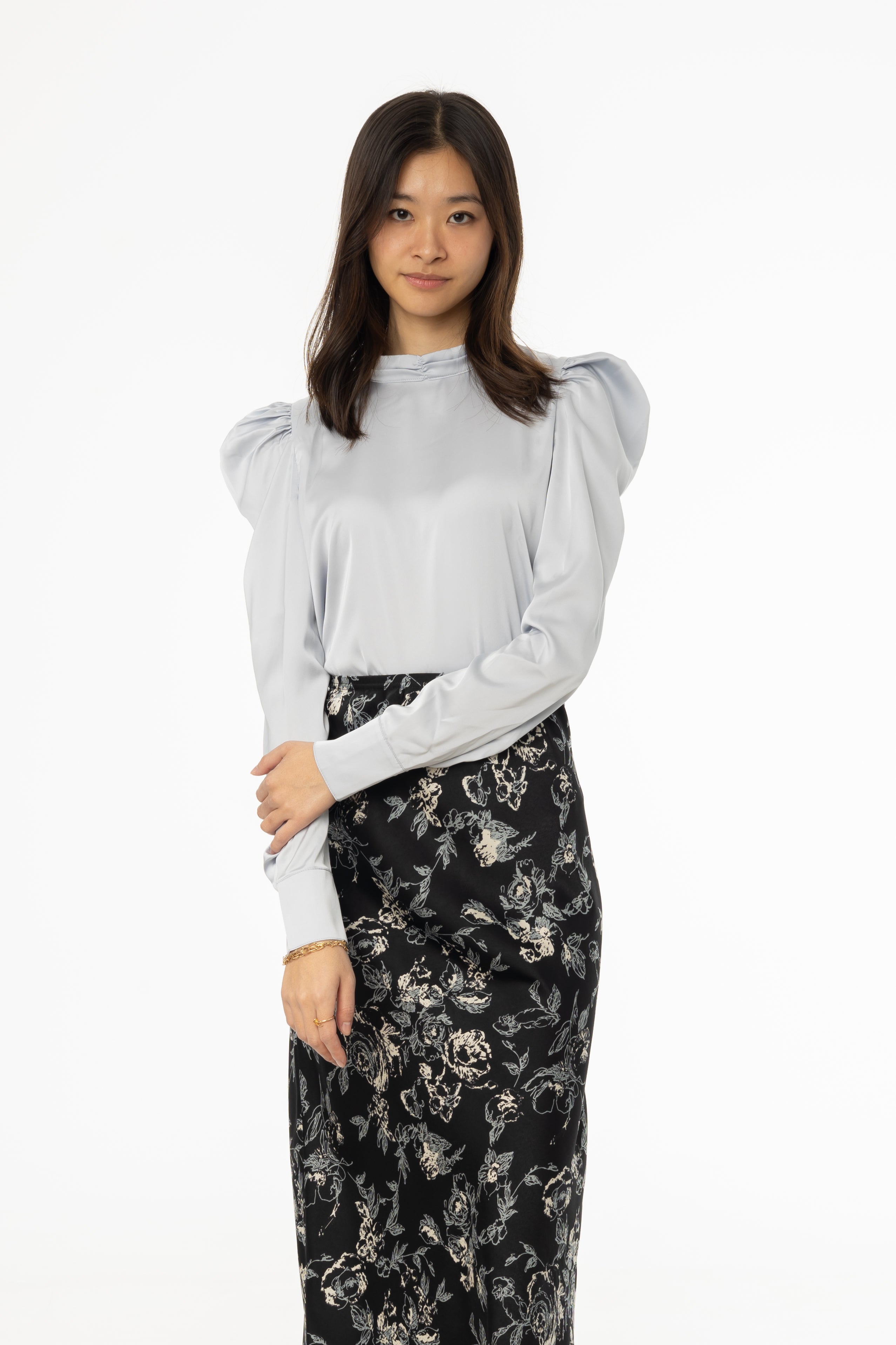 Elegant Blue Puff Sleeve Silk Blouse for Women - Office Wear & Evening Party Outfit