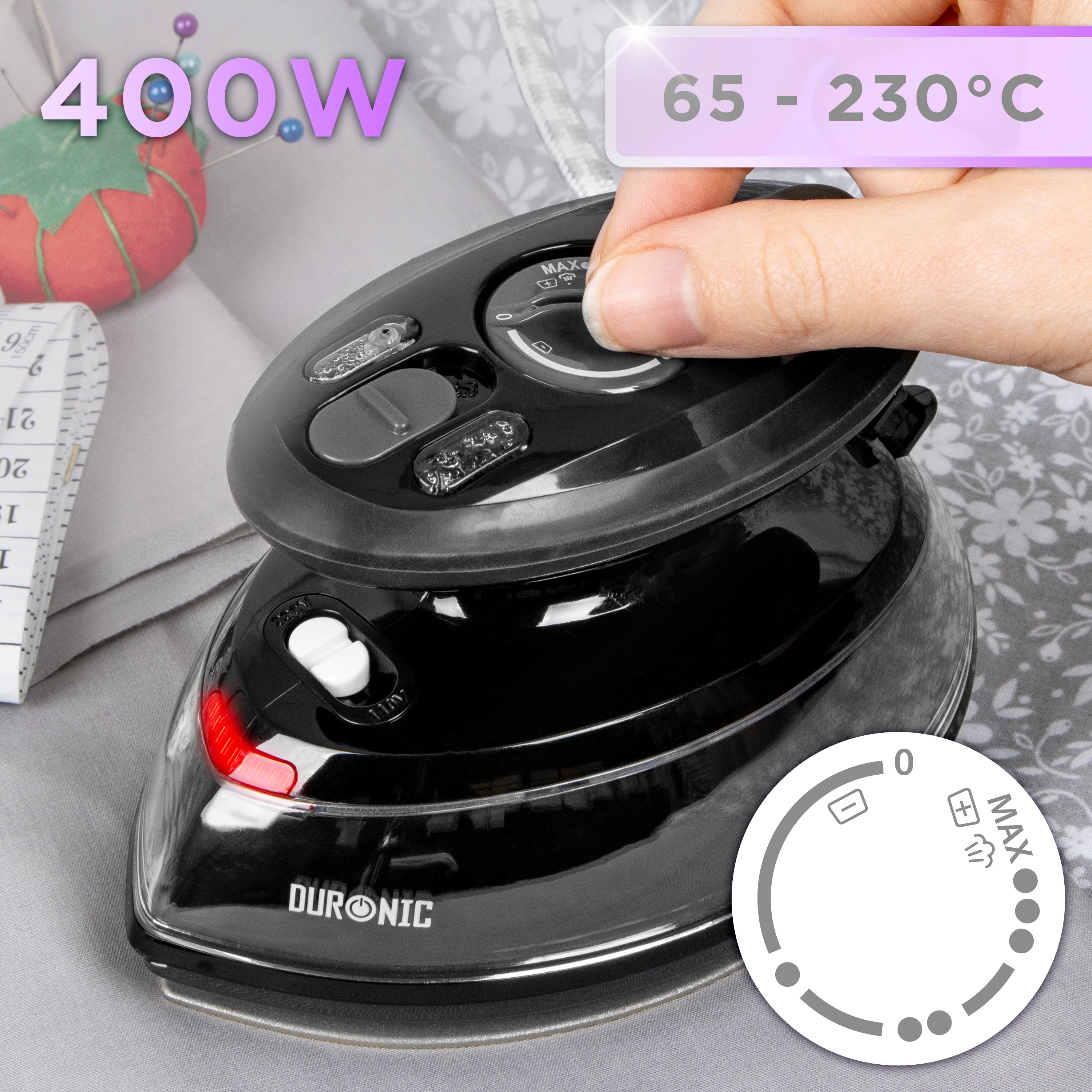 Duronic SI3 BK Mini Travel Iron - 35ml Tank, 400W Portable Steam Iron with Adjustable Heat Settings | Lightweight & Compact for Travel, Quilting, Patchwork, Applique & Craft Projects | Perfect for Hotels, Camping & Small Spaces