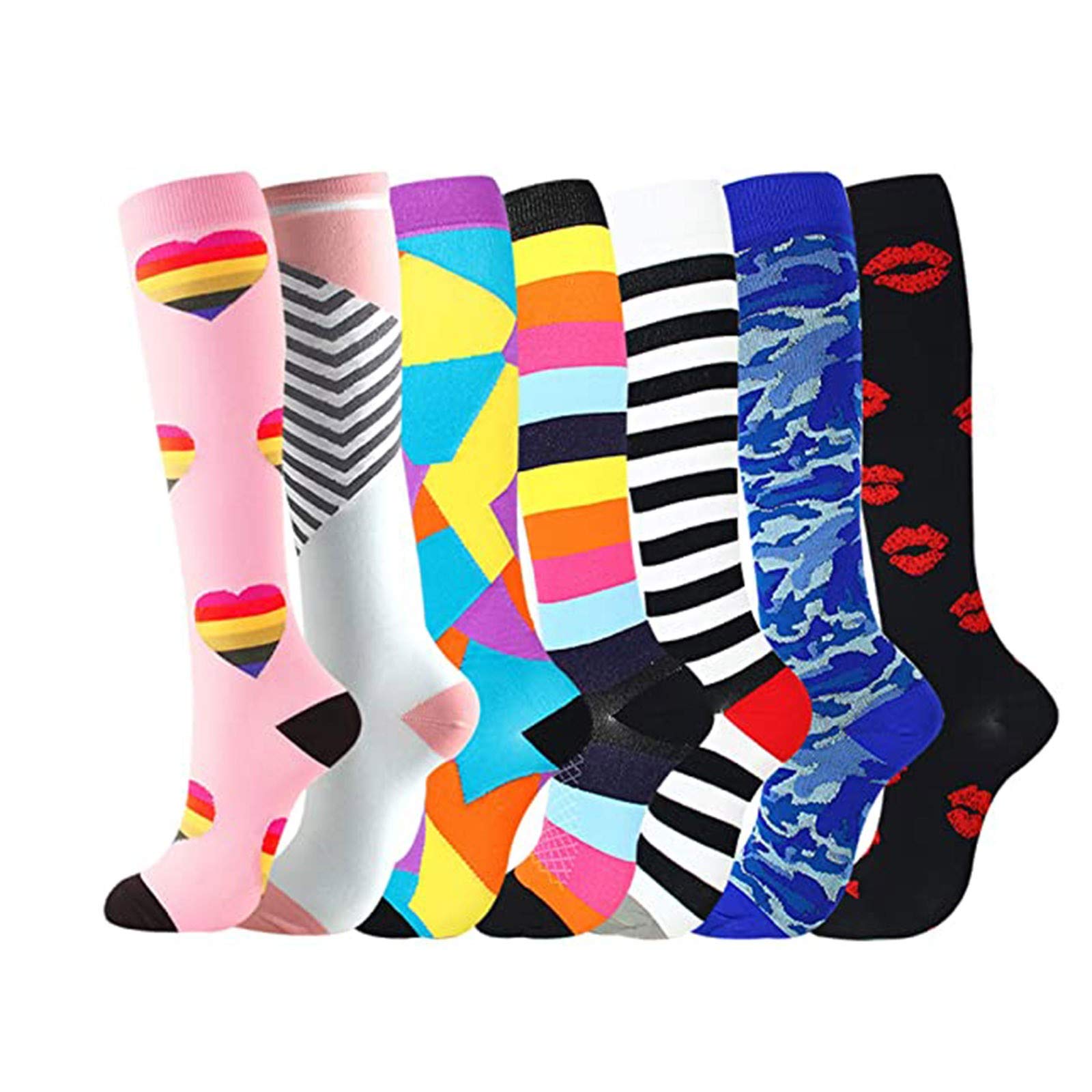 Unisex Compression Socks for Women & Men - 7 Pairs Sports Calf Socks with Wide Comfort Fit (Multicolor, S-M) - Perfect for Running, Travel & Recovery