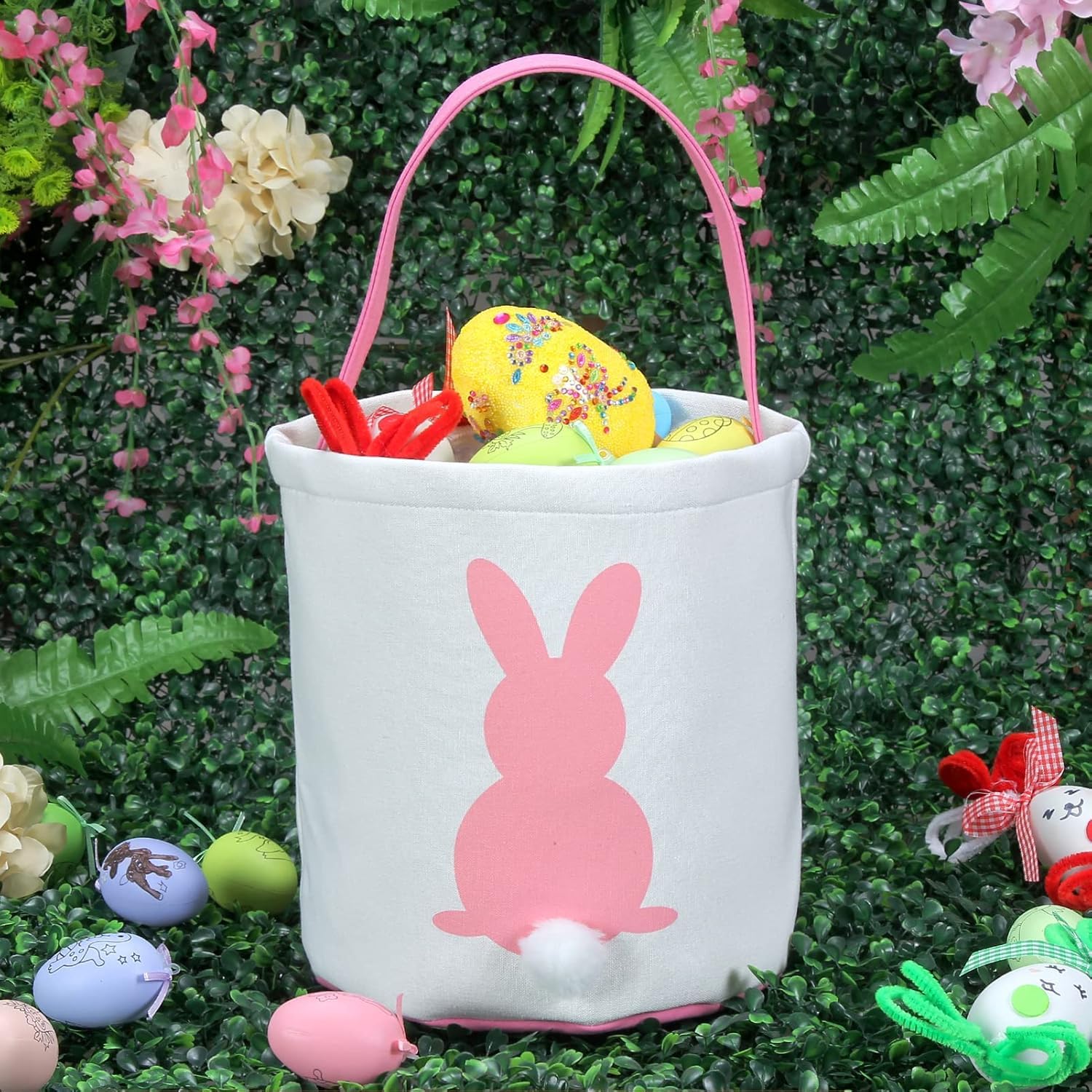 OneCut Easter Bunny Basket Bags with Fluffy Tail - Cute Kids Easter Egg Hunt Baskets, Party Decorations & Toys for Boys & Girls - Perfect for Easter Celebrations, Egg Hunts & Spring Party Favors (Pink)