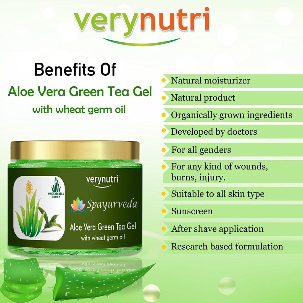 Verynutri Aloe Vera Skin Gel with Green Tea & Wheat Germ Oil - 200g Paraben Free & Sulfate Free - Soothes Sunburn, Hydrates Dry Skin, Reduces Acne & Skin Irritation