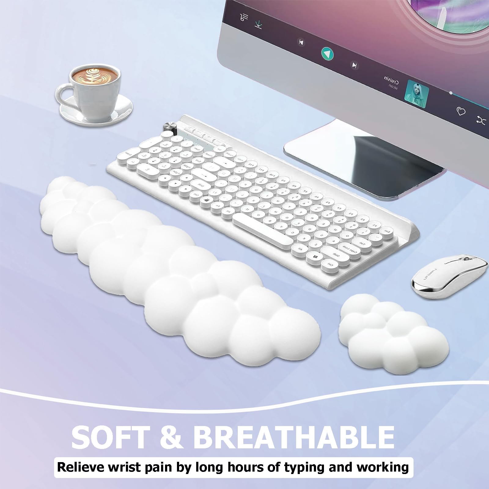 Ergonomic Keyboard Wrist Rest with PU Leather & Memory Foam - Cloud Comfort for Gaming, Office, Home, Laptop, Typing Pain Relief, White - Perfect for Long Hours of Work and Play
