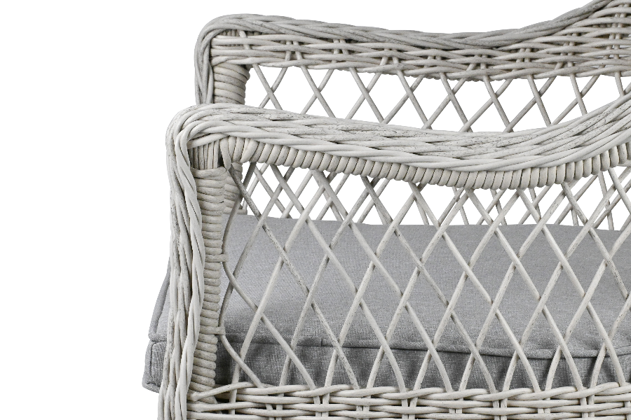 Hamptons Dining Chair in Surfmist Wicker with Dune Spunpoly Cushions - Coastal Style Rattan Patio Furniture for Outdoor Dining, Porch, and Beach House Decor