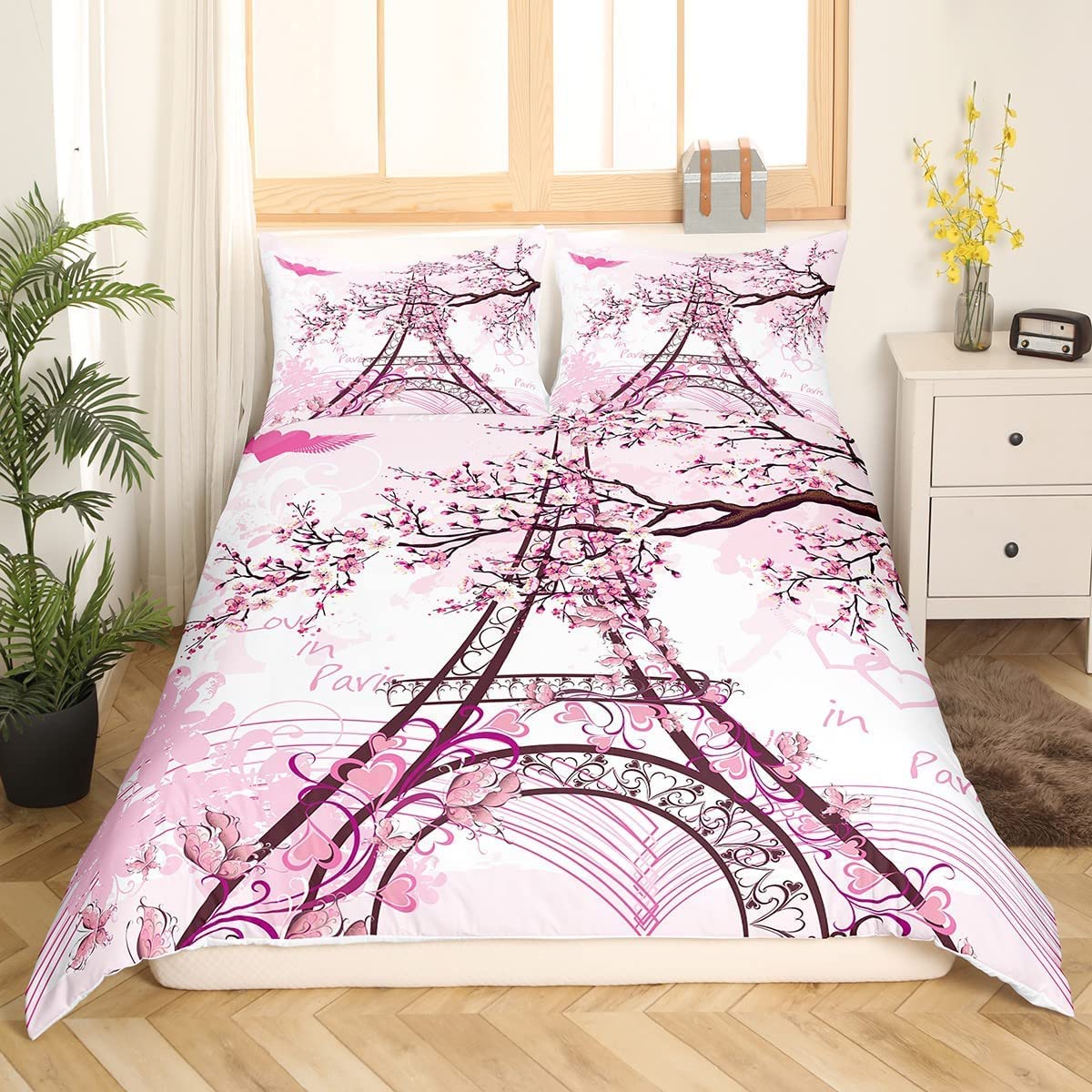 Eiffel Tower Duvet Cover Set - Cherry Blossom Design, Pink Botanical Bedding for Twin Size (2Pcs) | French Style Comforter Cover with Zipper Closure | Perfect for Teens Room Decor, Girls Bedroom & Romantic Parisian Themed Spaces