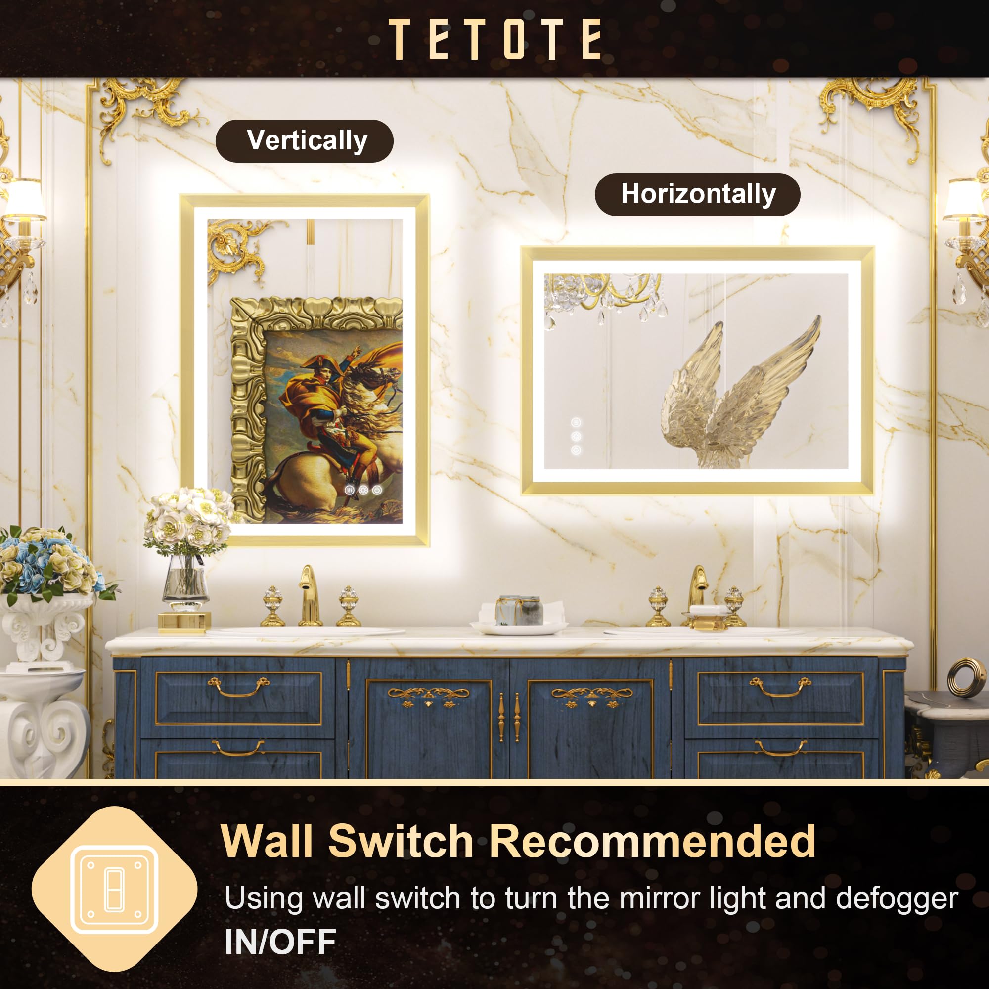 Gold LED Bathroom Mirror with Lights - 28x36 Inch Frontlit & Backlit Vanity Mirror, Baroque Style, Anti-Fog, Stepless Dimmable (White/Warm/Natural Light), CRI90+, Waterproof, Wall Mounted (Horizontal/Vertical) - Perfect for Makeup, Shaving & Home Decor