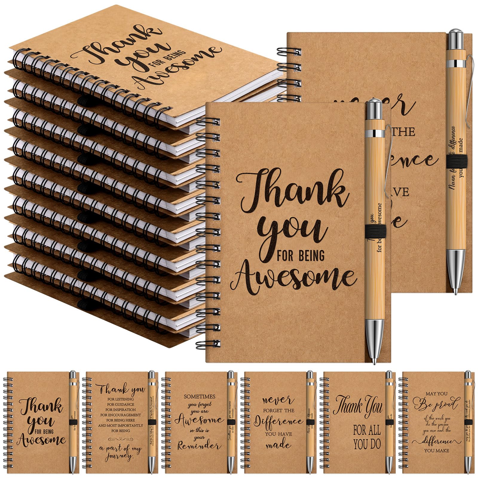 50 Pack Thank You Christmas Notebooks & Bamboo Pens - Motivational Kraft Spiral Notepads for Employee Appreciation, Coworker Gifts, Office & Teacher Thank You Presents - Perfect for Holiday Gifting, Workplace Motivation & Daily Journaling