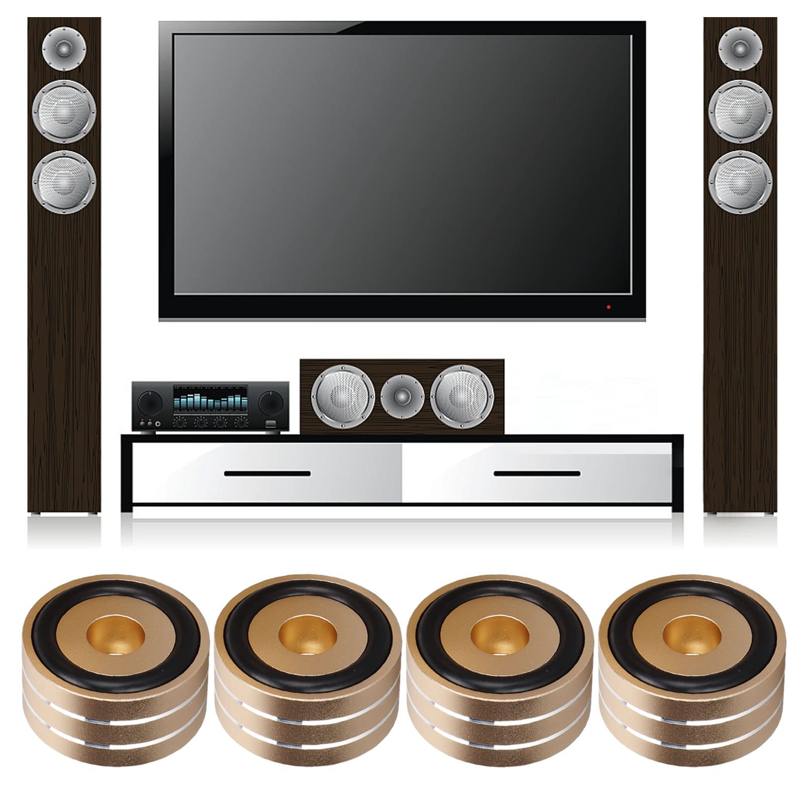 Yunseity 4pcs 40x20mm Golden Aluminum Alloy Speaker Spikes with Non-Slip Rubber Rings - Premium Isolation Stands for CD, DVD Players, Tube Amplifiers, and Home Theater Systems