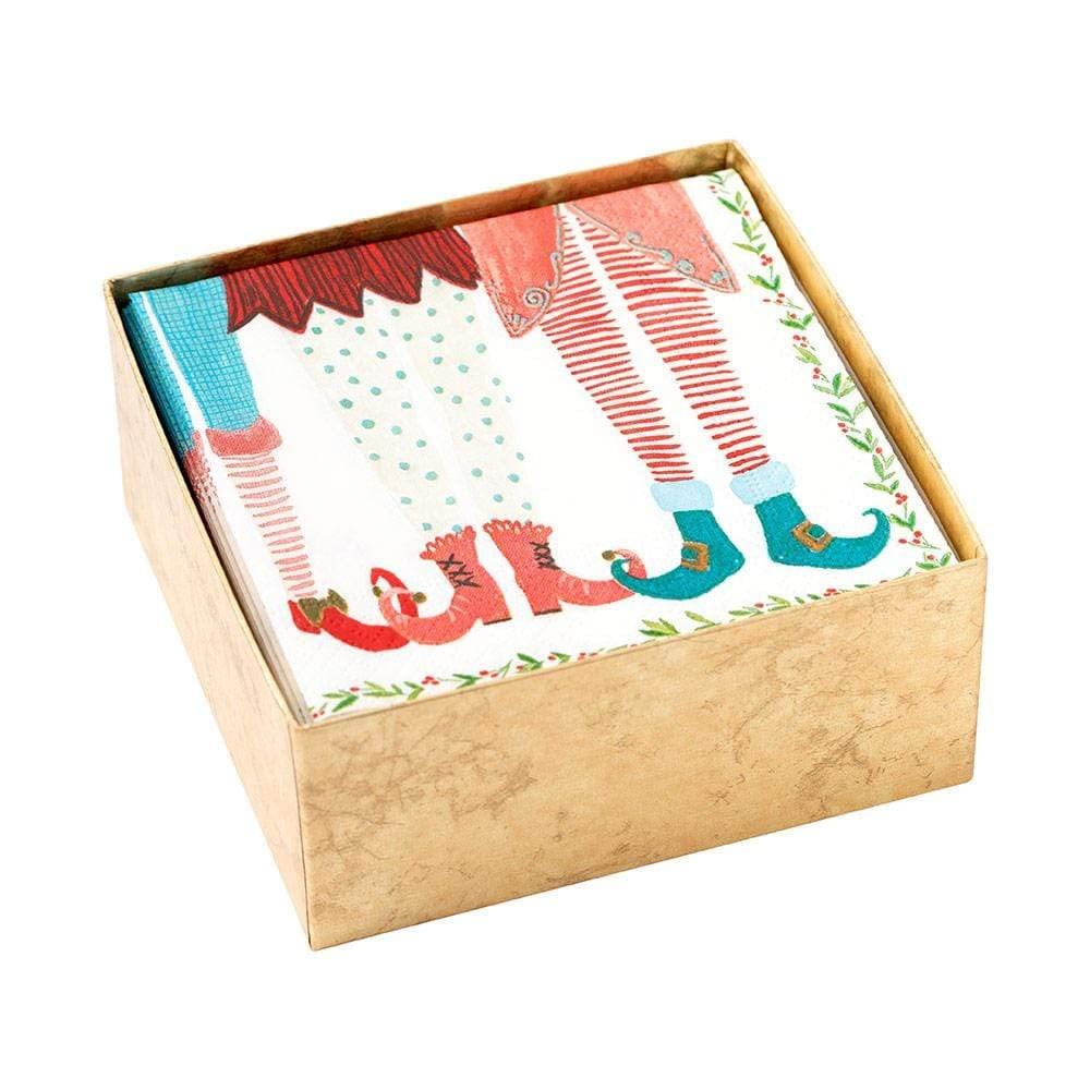 Caspari Elf Stockings Boxed Paper Cocktail Napkins - 120 Count | Holiday Party Decor, Christmas Table Setting, Festive Drink Napkins for Entertaining
