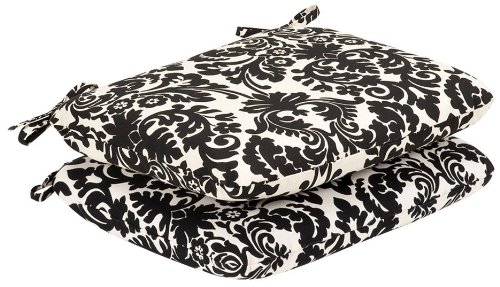 2 Pack Outdoor Patio Furniture Seat Cushions - Waterproof Black & Cream Damask Pattern Cushions for Garden, Deck, Poolside and Porch Use