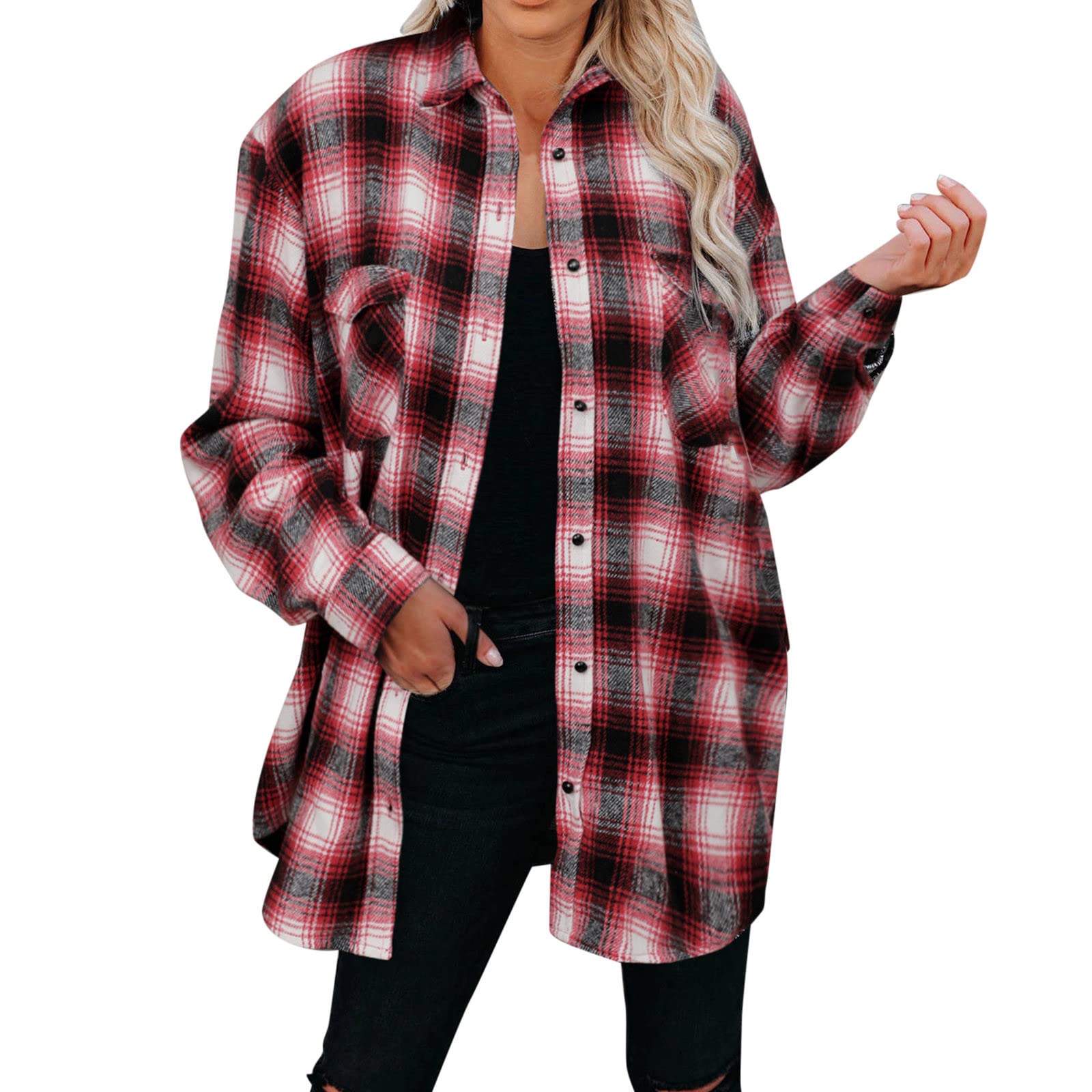 Women's Lightweight Flannel Plaid Shacket - Long Sleeve Button Down Shirt Jacket with Chest Pocket | Casual Fall & Winter Layering, Outdoor Activities, Office Wear
