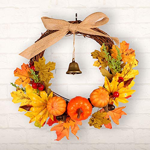 12 Inch Autumn Fall Wreath with Christmas Bell, Bow, Pumpkin & Maple Leaves - Artificial Berry Clusters Thanksgiving Harvest Wreath on Twig Base - Perfect for Front Door, Home, Office & Window Decor During Fall Season