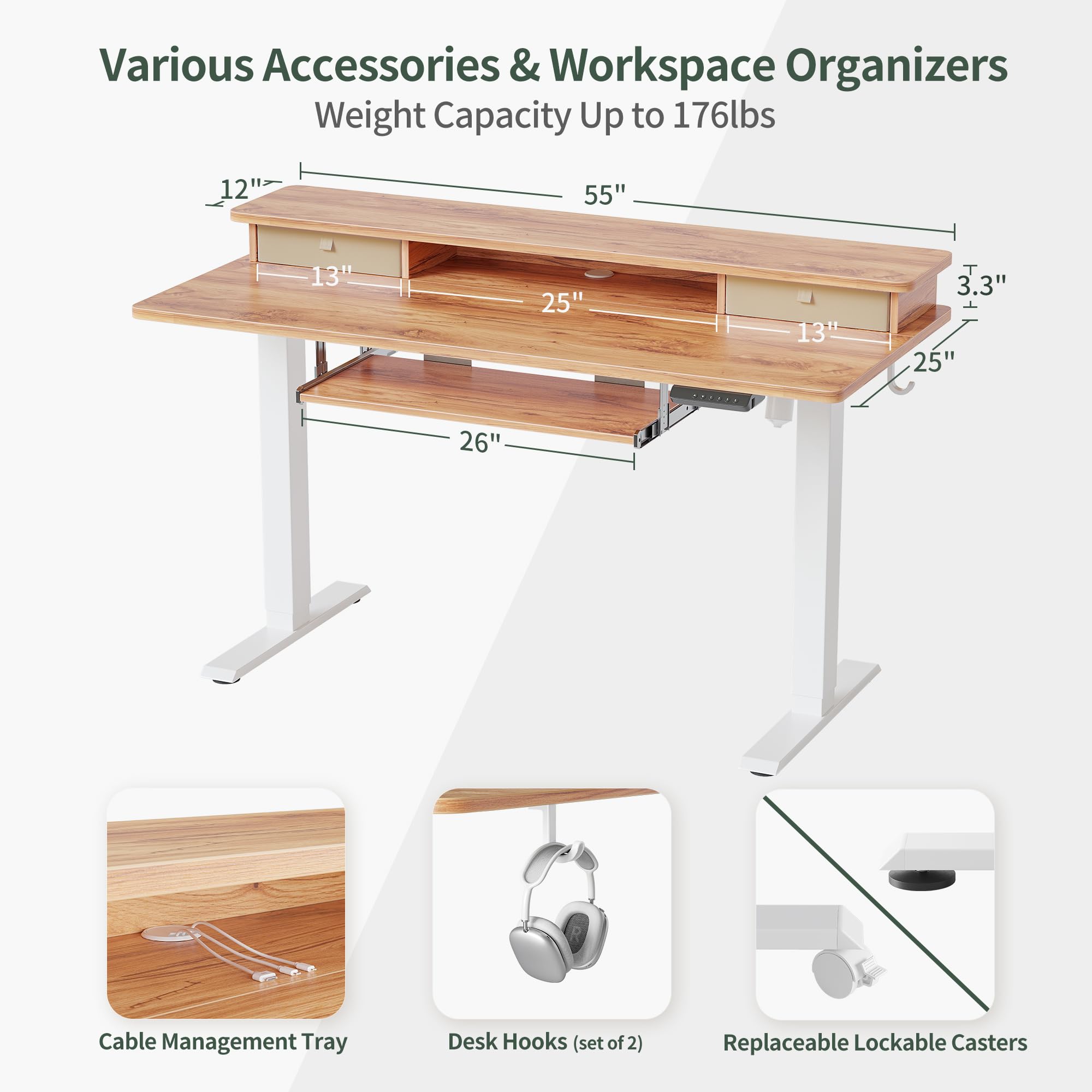 FEZIBO Solid Wood Standing Desk with Drawers - 55 x 24 Inch Adjustable Height Computer Desk with Keyboard Tray & Storage Shelf - Light Rustic Finish for Home Office, Gaming & Workspace Ergonomics