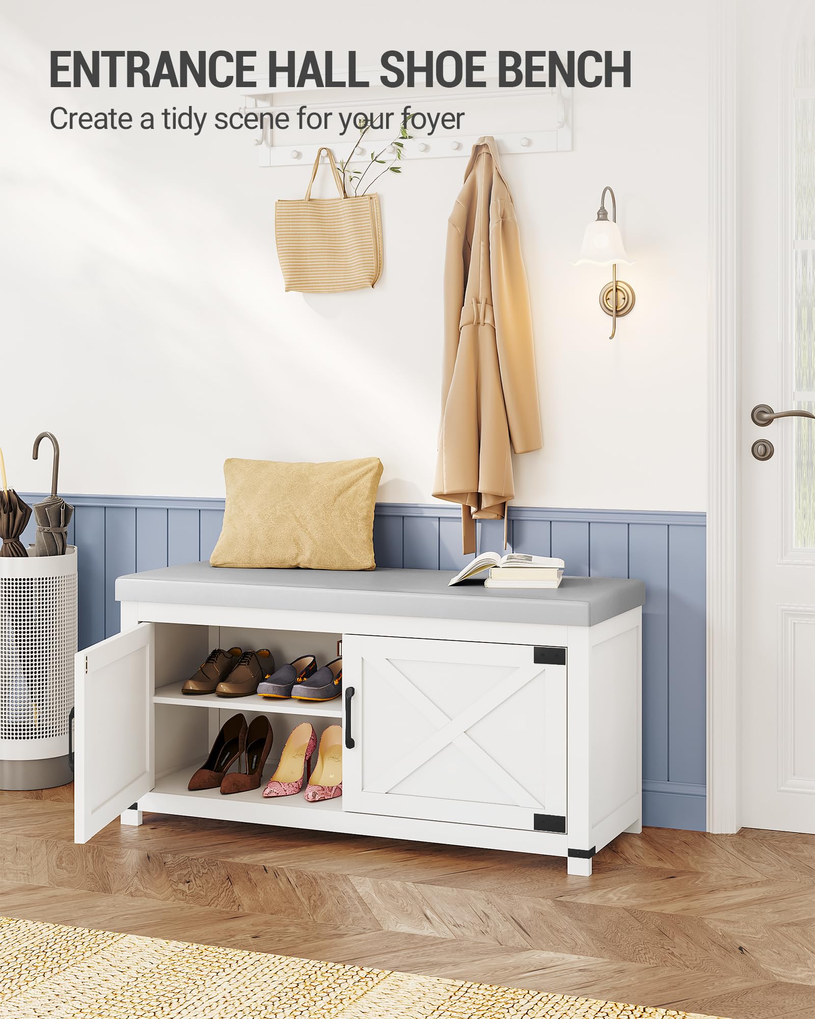 Farmhouse Shoe Storage Bench with Padded Seat - 2 Tier Entryway Shoe Cabinet with Adjustable Shelf & Barn Doors - White Shoe Organizer for Living Room, Bedroom, Hallway - Perfect for Small Spaces & Home Decor (SB26603GY)