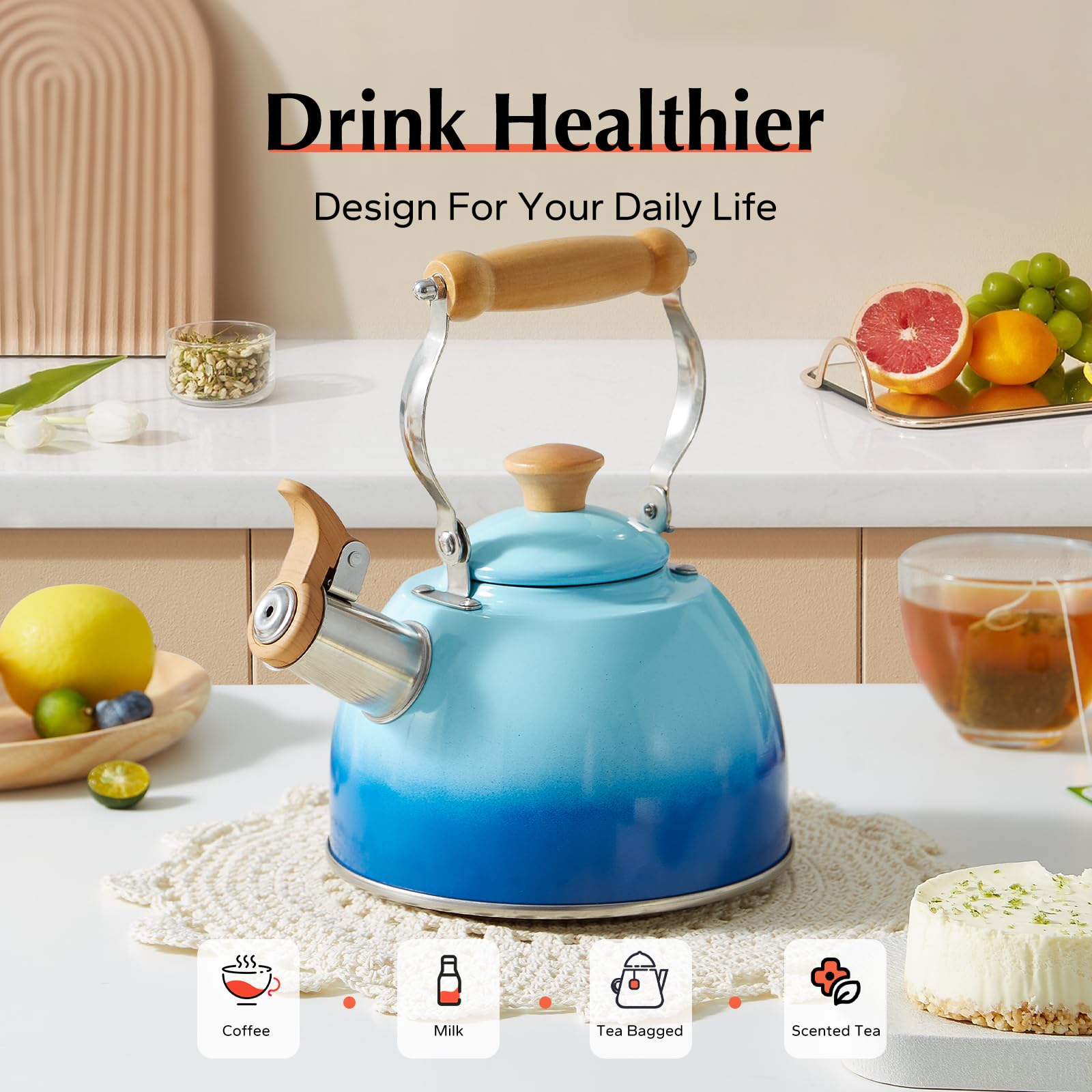 Premium Stainless Steel Whistling Tea Kettle - 1.6 Quart Stovetop Teapot with Cool-Touch Ergonomic Handle, Food Grade Safe (Blue) - Perfect for Home, Office & Outdoor Tea Brewing