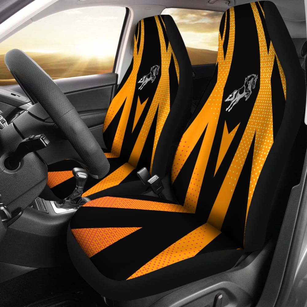 Premium Black & Orange Mustang Horse Custom Metallic Print Car Seat Covers - Durable & Stylish for Ford Mustang (2015-2023 Models) - Perfect for Car Enthusiasts, Gifts & Auto Accessories Upgrades