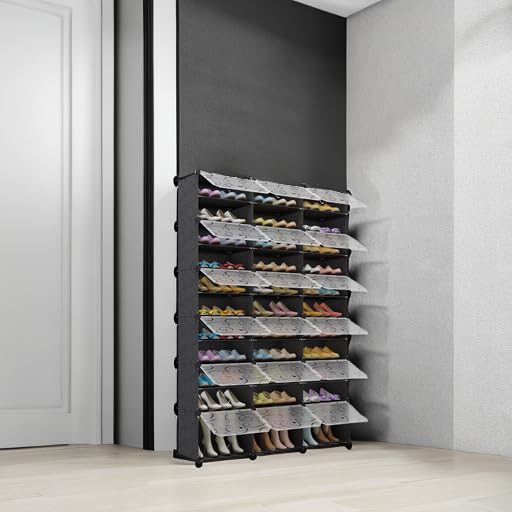 MAGINELS 72-Pairs Shoe Storage Cabinet with Doors - Large DIY Plastic Detachable Shoe Rack Organizer for Entryway, Bedroom, Closet (Black) | Space-Saving Shoe Storage Solution for Home Organization