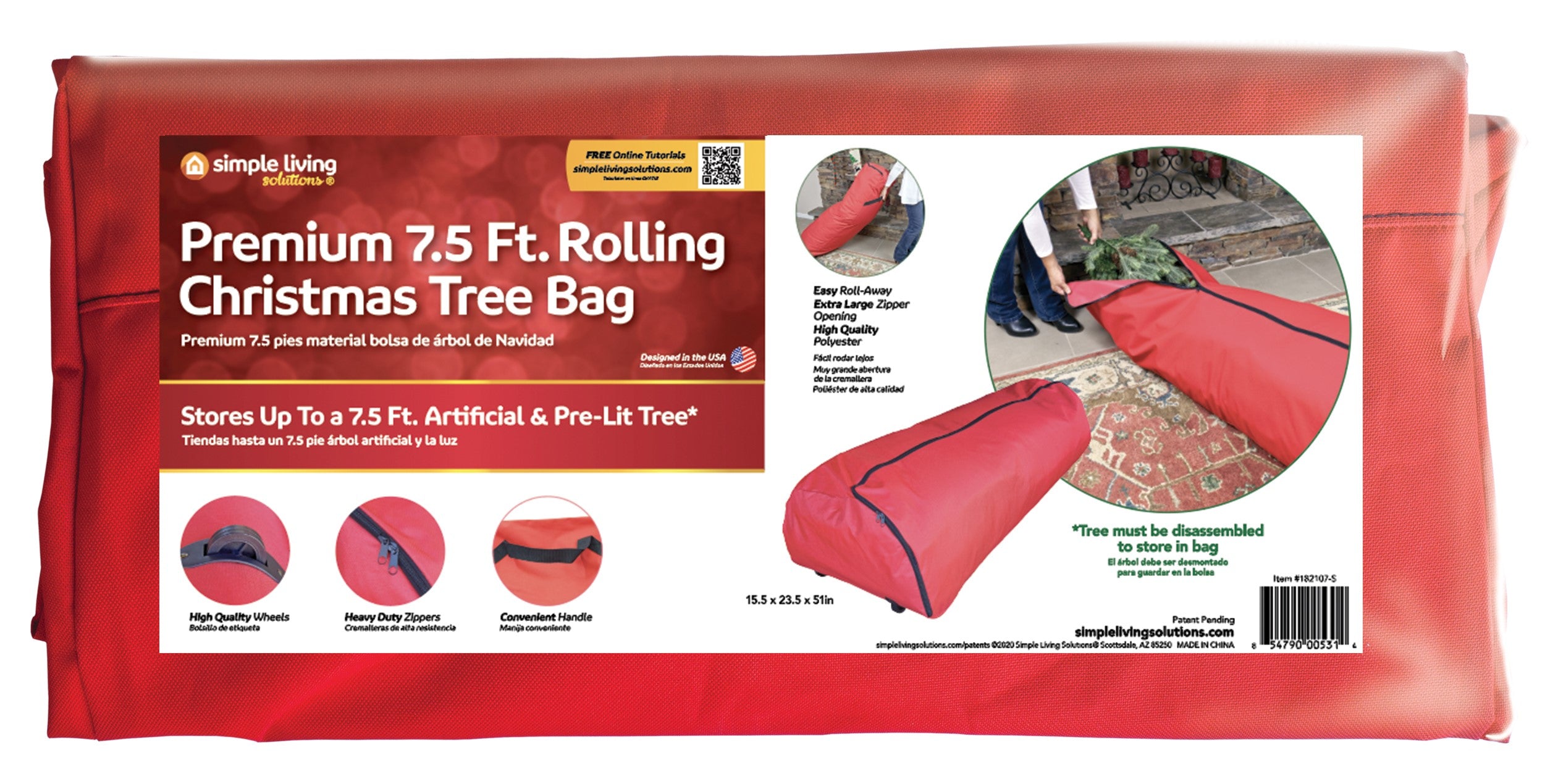 7.5' Artificial Christmas Tree Rolling Storage Bag - Durable Holiday Tree Cover for Easy Transport & Storage - Perfect for Xmas Decorations, Home, Office & Party Use