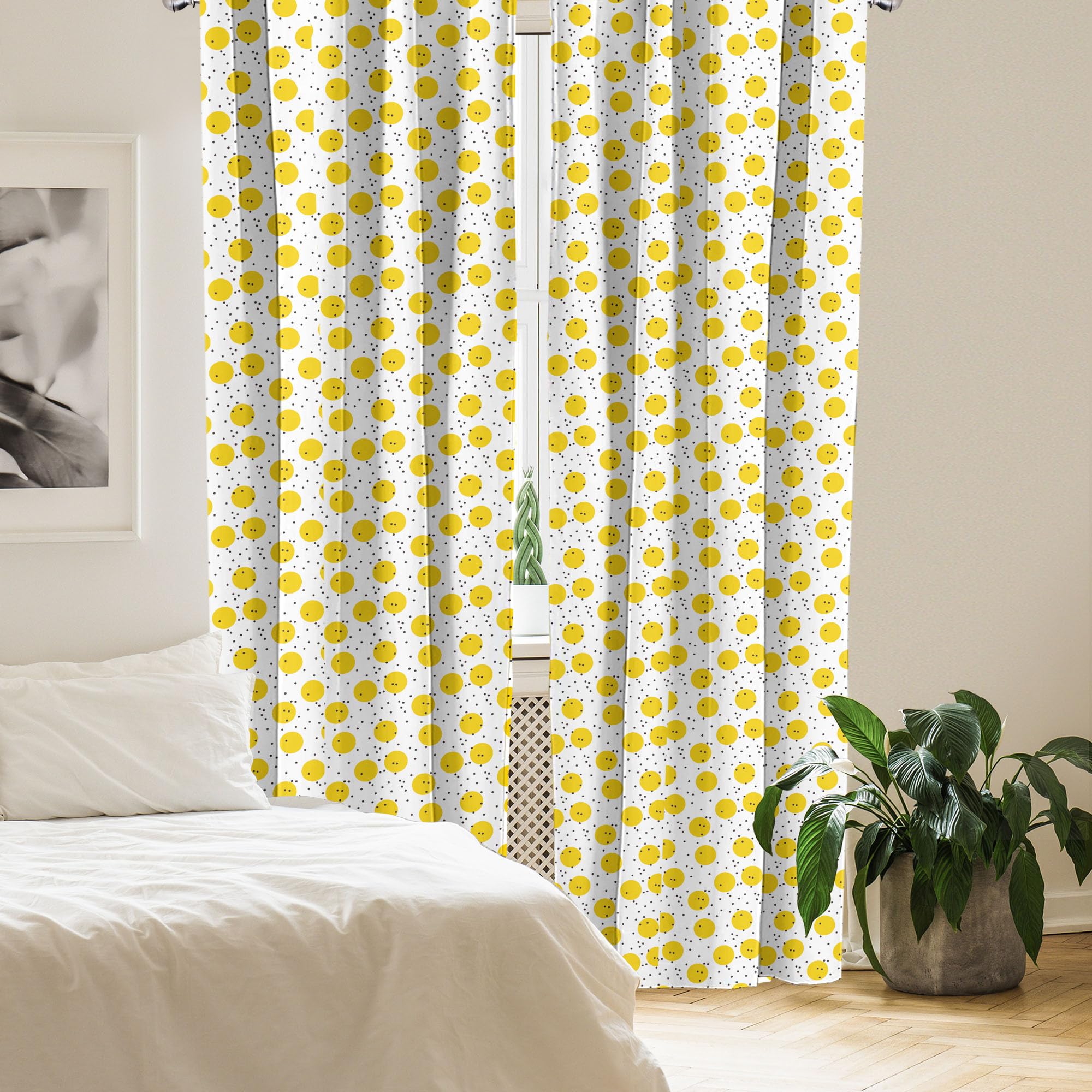 Ambesonne Yellow and White Geometric Curtains - Modern Minimalist Dots & Circles Design, Retro Window Treatments, 2 Panel Set (28