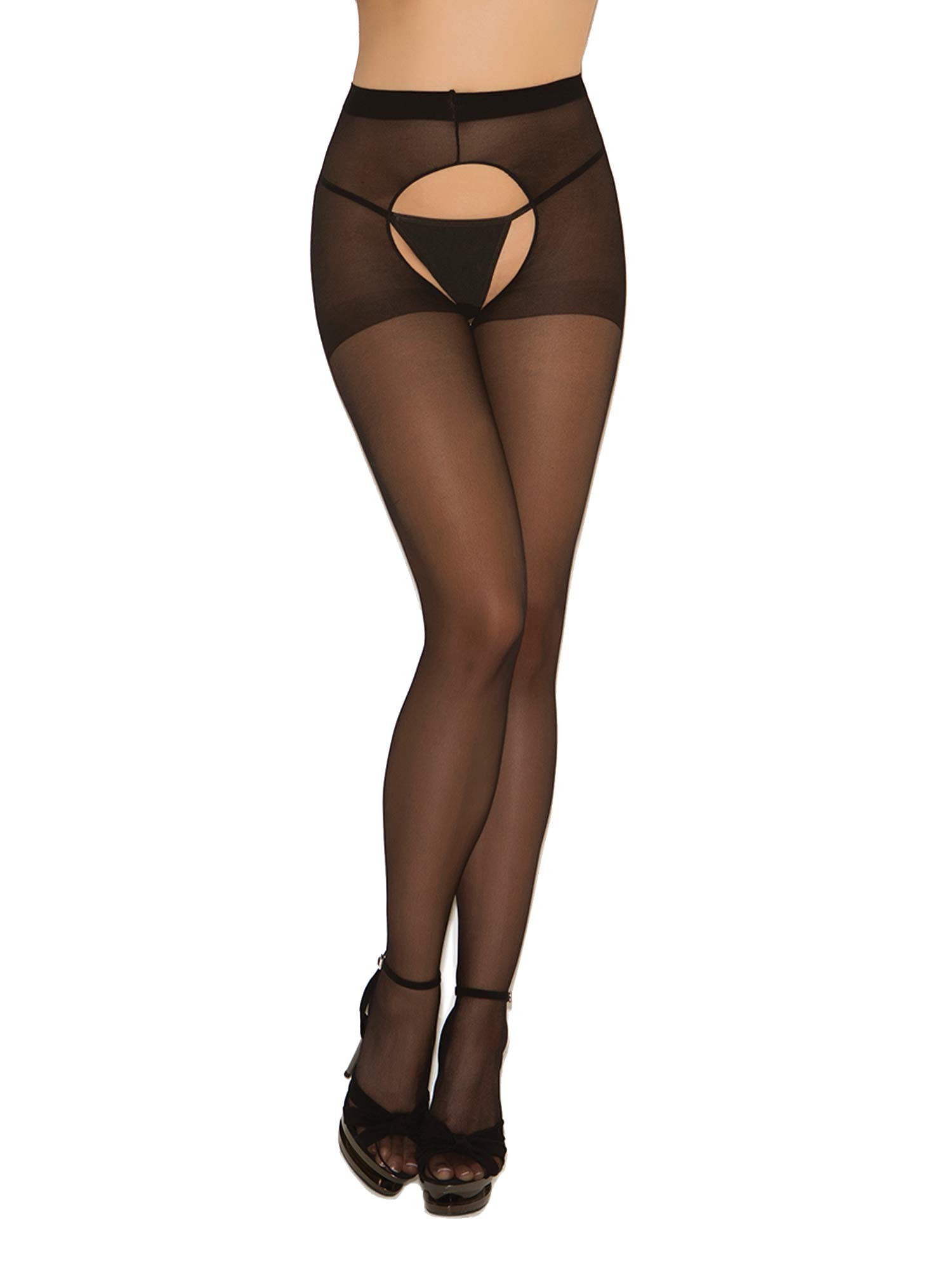 Angelique Women's Sheer Black Crotchless Pantyhose - 2 Pack Sexy Stockings for Lingerie, Role Play & Intimate Occasions