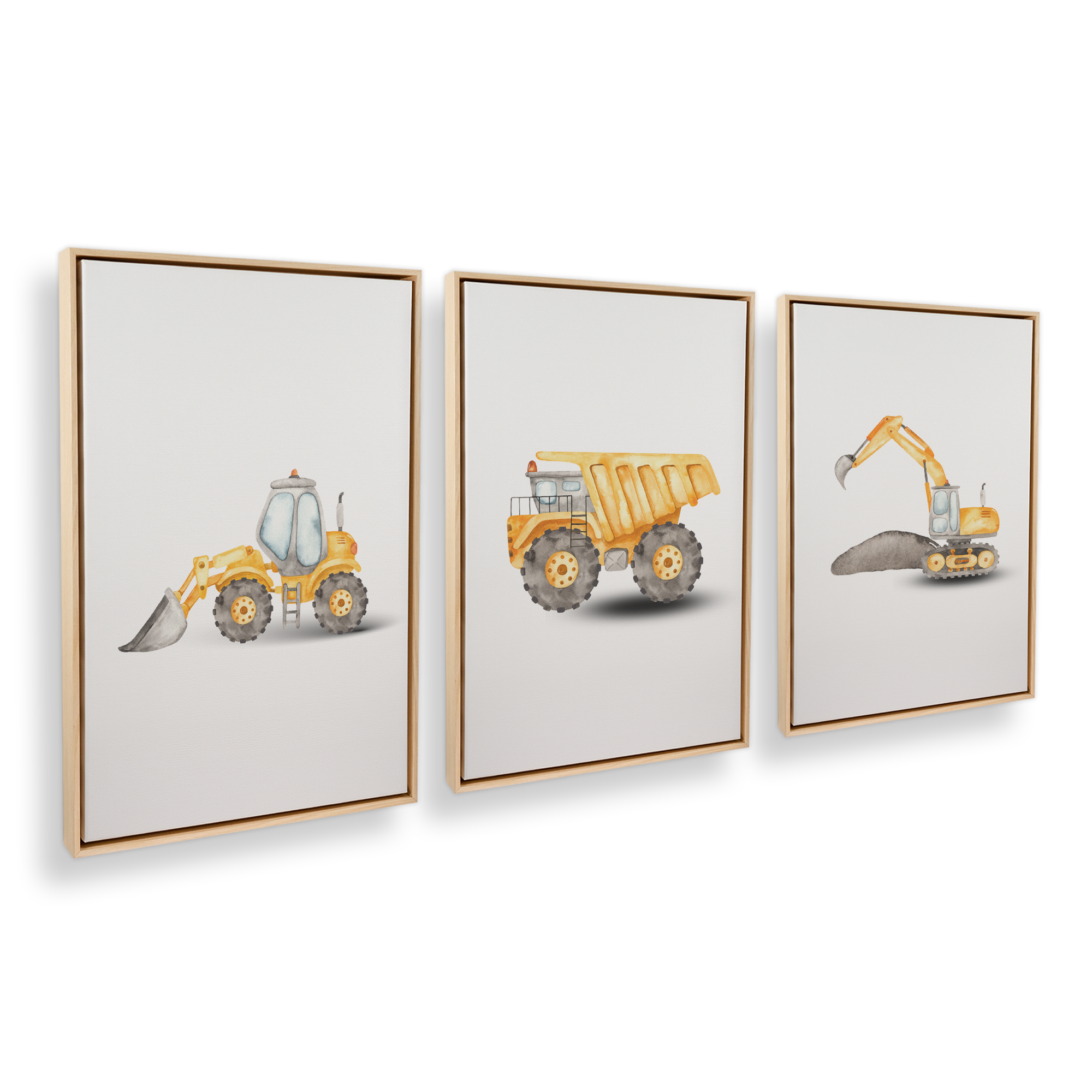 3-Piece Construction Vehicles Canvas Art Set - Dump Truck, Excavator & Bulldozer Wall Decor for Kids Room, Nursery & Playroom