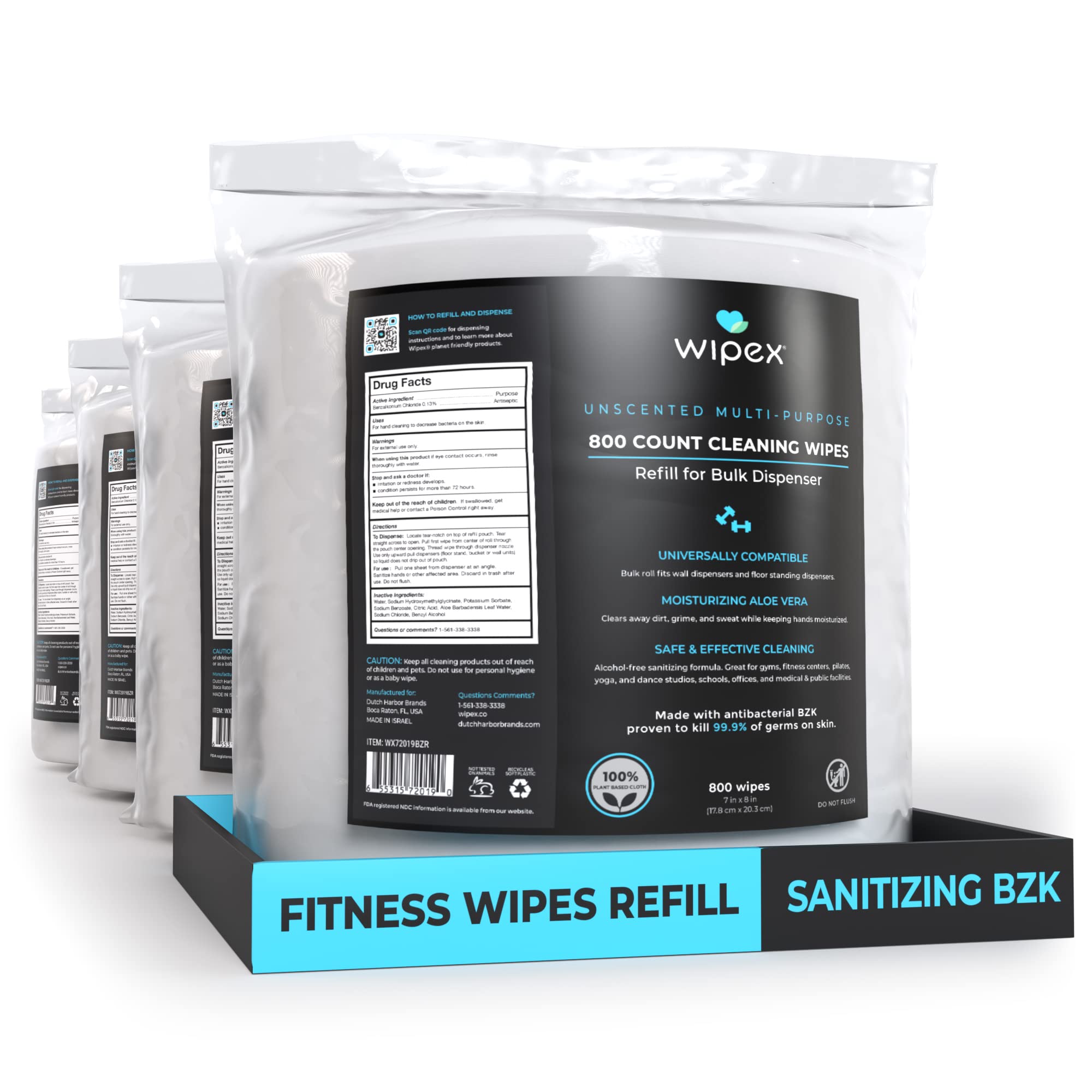 Wipex Gym Wipes Refill Roll - 800 Count per Pack, 4 Pack (3200 Wipes Total) - Plant-Based BZK Fitness Cleaning Wipes for Gym Equipment, Yoga Mats & Workout Gear - Bulk Disposable Sanitizing Wipes for Home & Commercial Gyms