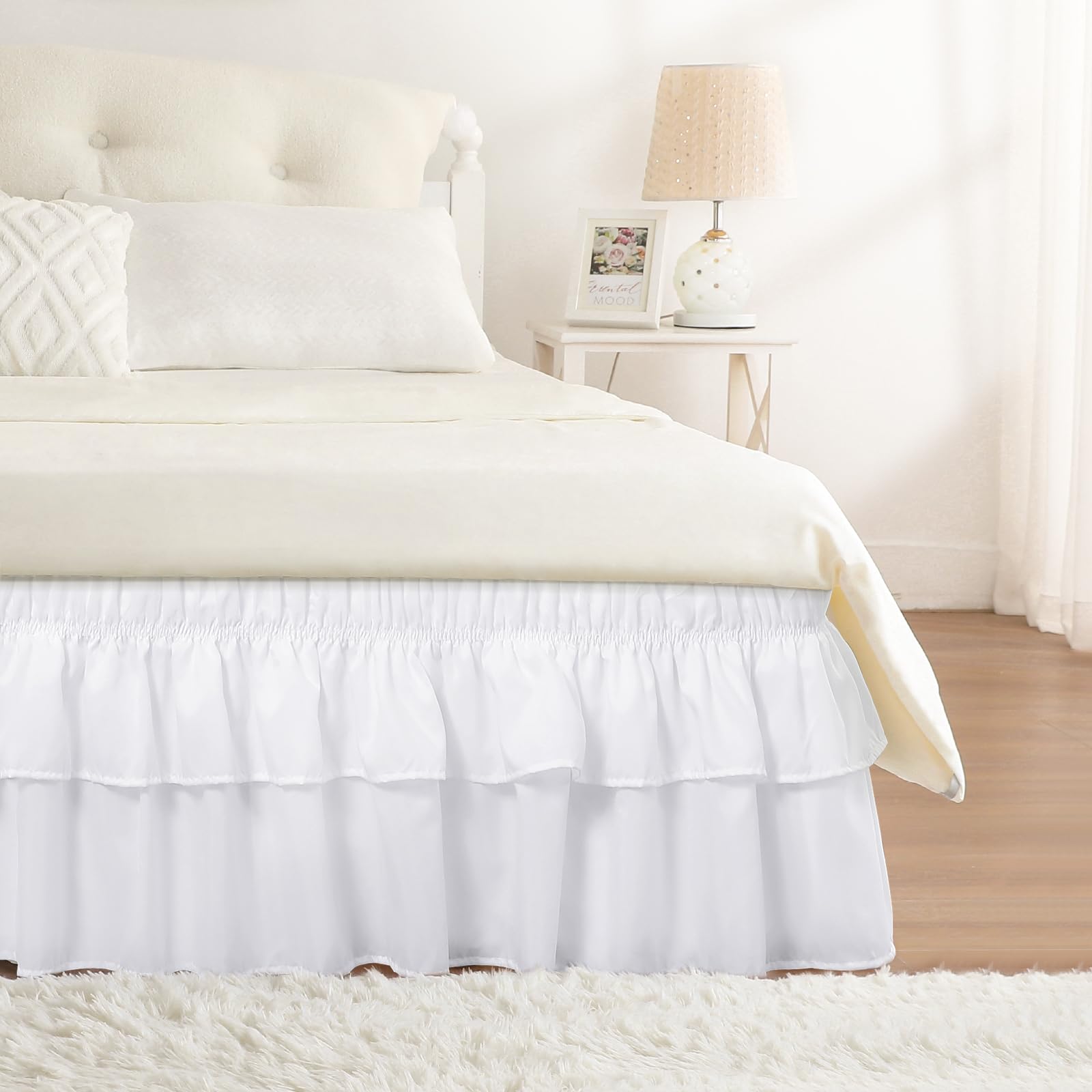 RIMELA 16 Inch Drop White Queen Ruffle Bed Skirt - Elastic Wrap Around Bed Skirting for Queen Size Beds, Easy to Install Dust Ruffle with Machine Washable Soft Fabric - Perfect for Master Bedrooms, Guest Rooms & Home Decor