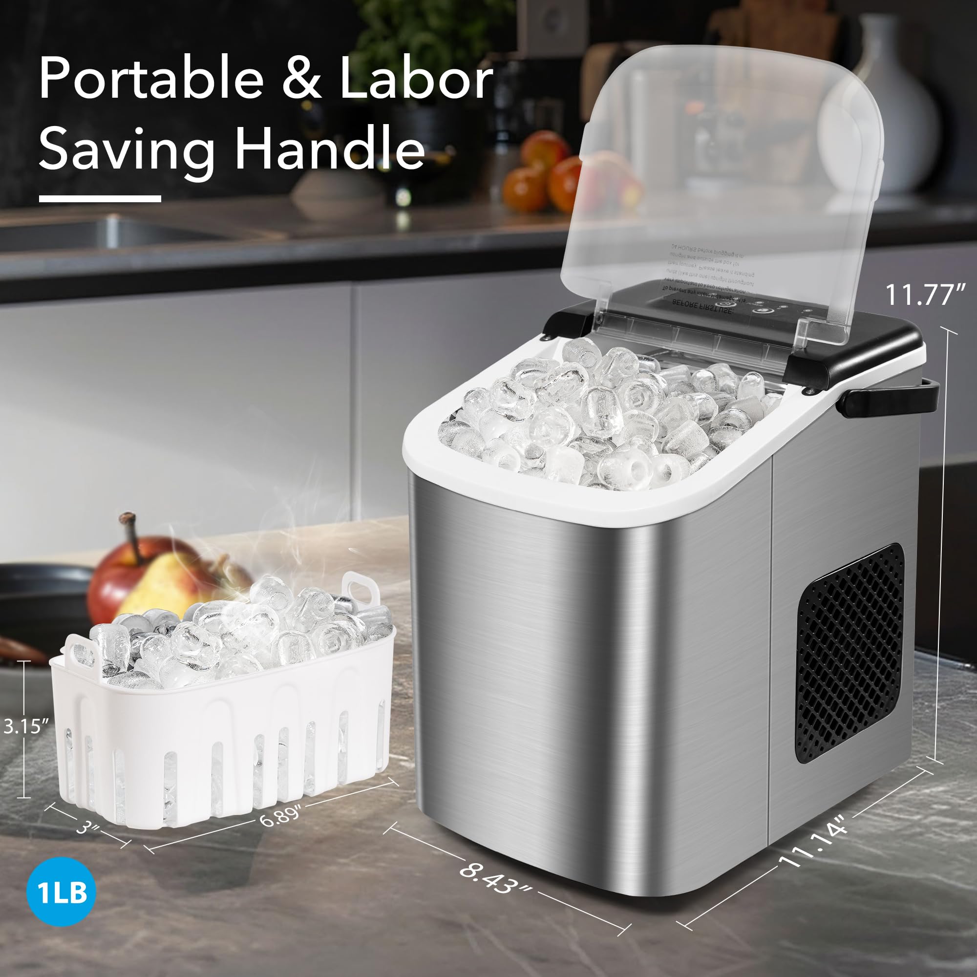 MAXEVE Portable Countertop Ice Maker Machine - 34LBs/24H Fast Ice Production, 2 Bullet Ice Sizes, Makes 9 Cubes in 6 Minutes, Self-Cleaning with Ice Basket & Scoop - Perfect for Home, Office, Bar, RV & Outdoor Parties (Silver)