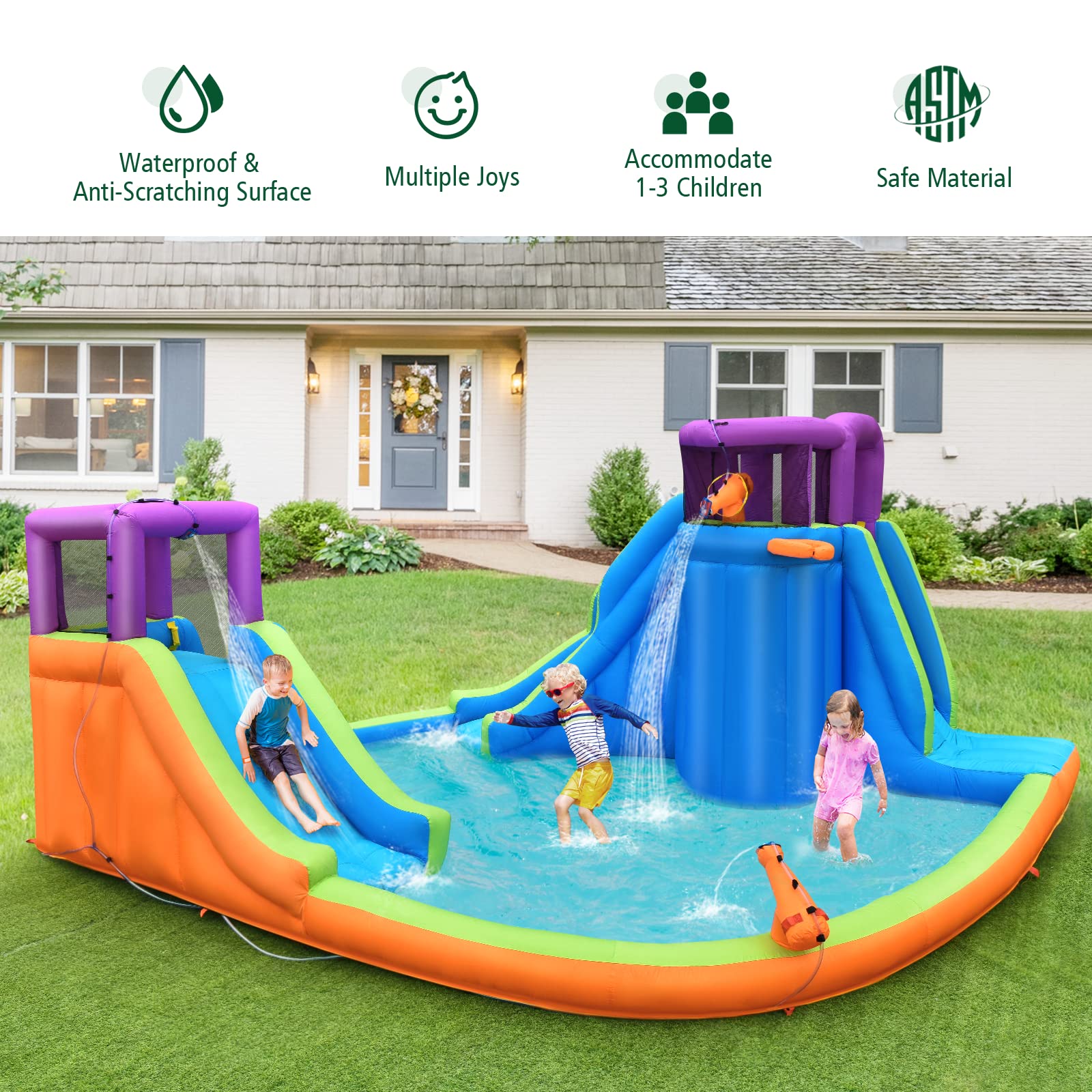 BOUNTECH 15x14.5FT Inflatable Water Slide Park with Dual Slides & Climbing Wall - Mega Outdoor Water Slide for Kids, Splash Pool, Backyard Party Fun - Perfect for Summer Gatherings, Birthday Parties and Family Outdoor Activities