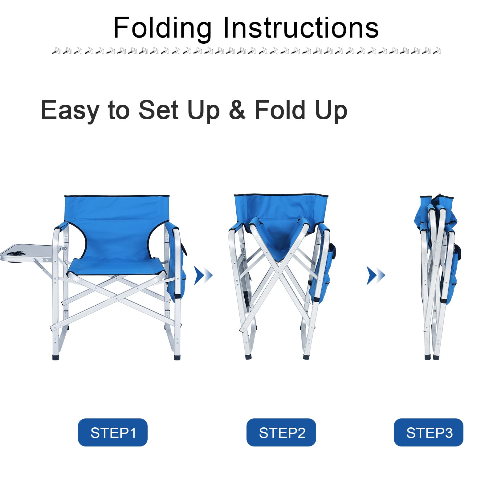 ABCCANOPY Folding Directors Chair - Portable Outdoor Camping Chair with Side Table & Storage Pockets - Royal Blue - Perfect for Beach, Picnic, Backyard, and Makeup Artist Use