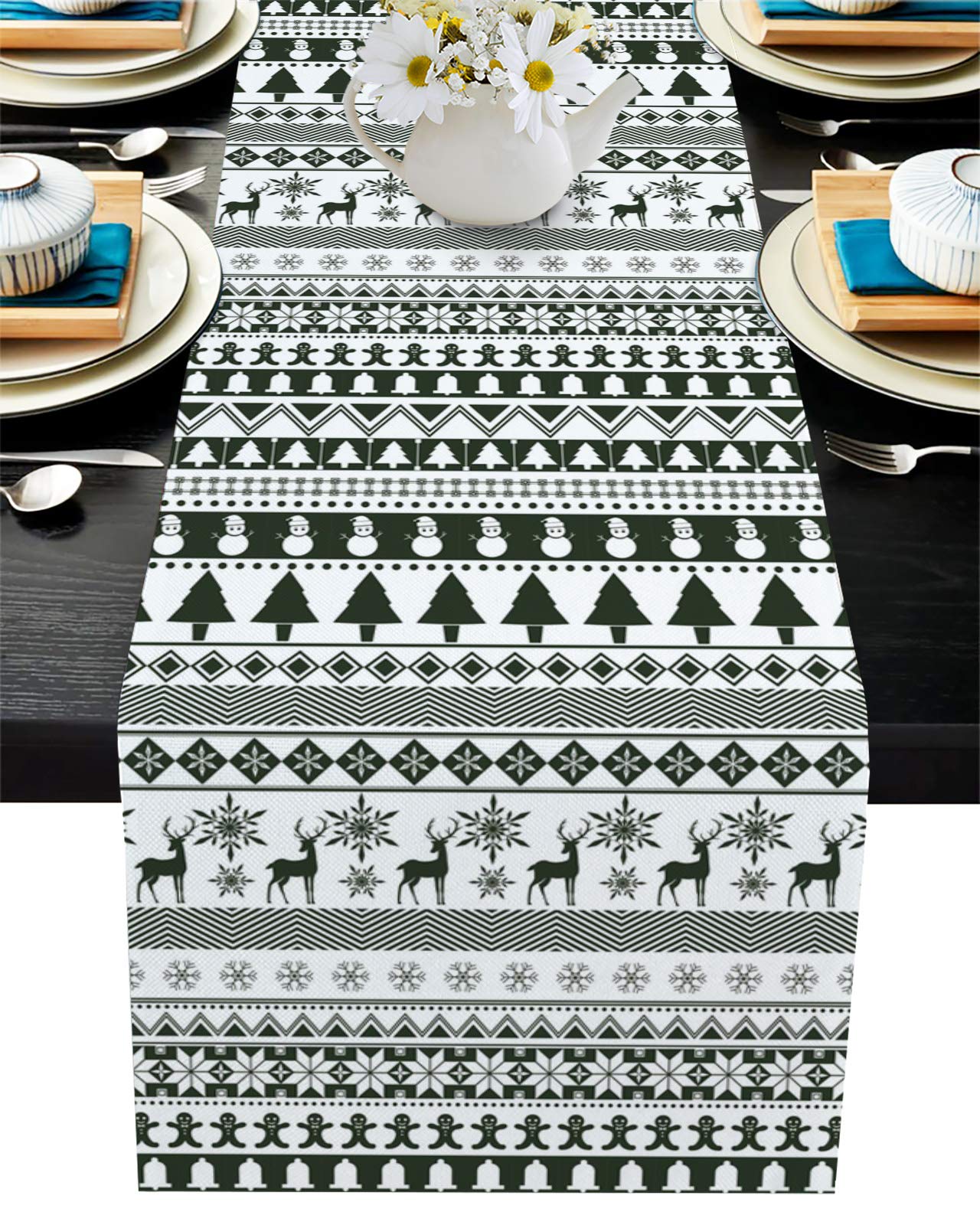 13x70 Inch Cotton Linen Table Runner - Green Snowman Reindeer Christmas Tree Rectangular Table Cover for Dining Tables, Dressers & Kitchen Decor | Perfect for Holiday Home Decoration & Festive Dinner Parties