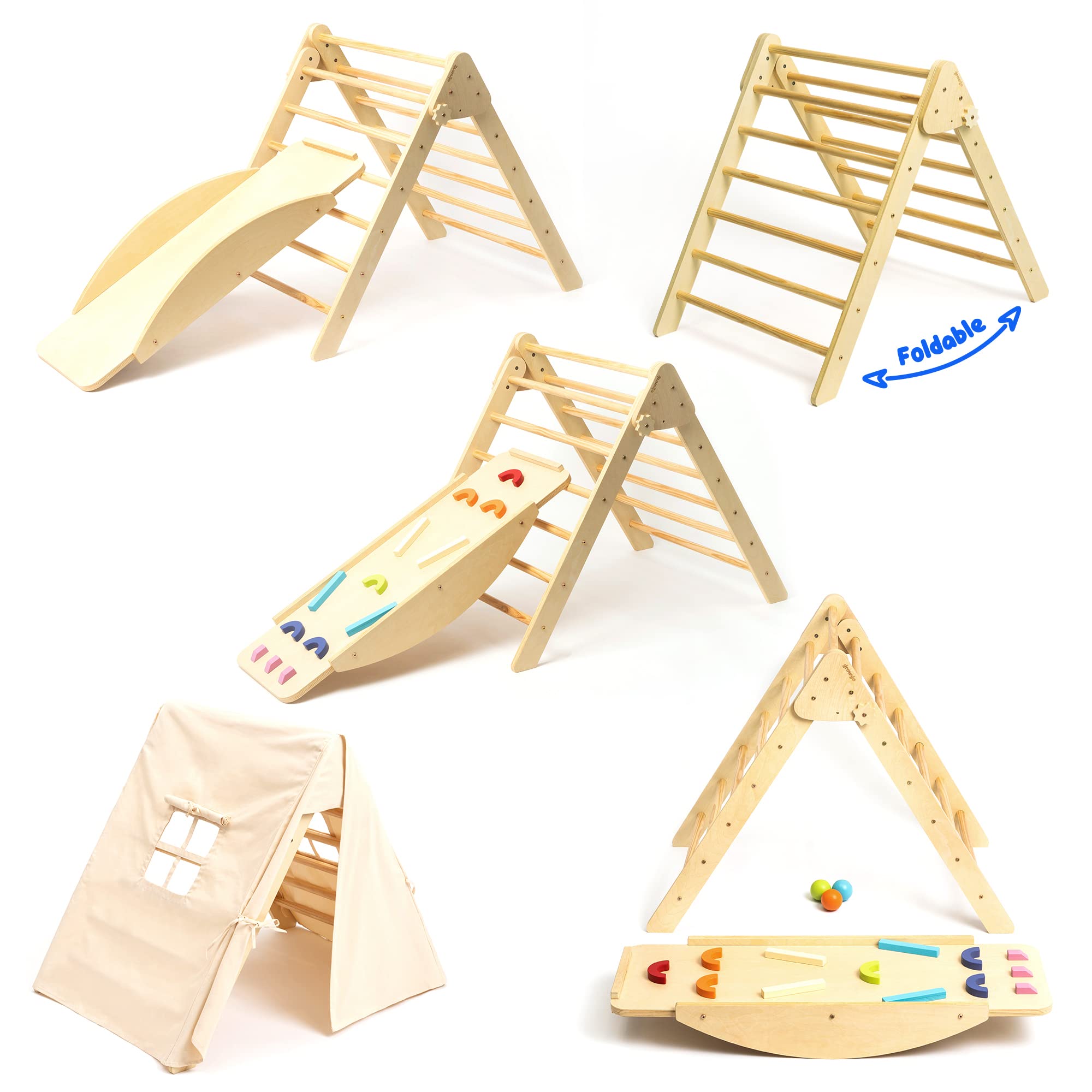 GROWGO Pikler Triangle Climber with Ramp - Montessori Wooden Climbing Toy Set for Toddlers 1-3 Years | Indoor Play Gym for Kids | Safe & Sturdy Baby Climbing Equipment | Perfect for Home, Daycare & Montessori Classrooms