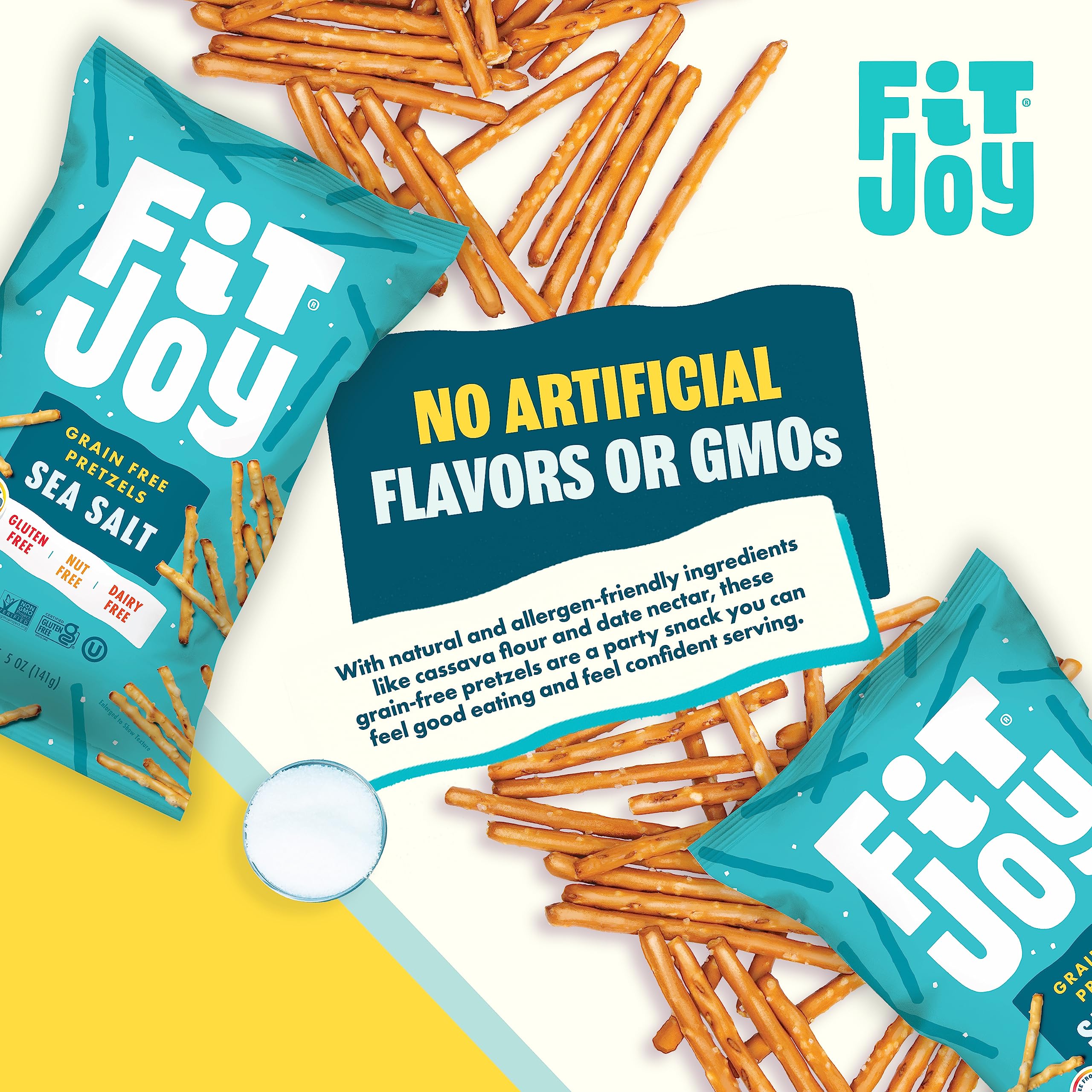 FitJoy Gluten Free Pretzels - Sea Salt Sticks, Grain Free Snacks | Made in USA, Crispy Crunchy Texture | Nut Free, Non-GMO, Vegan Certified | 5 Oz (6 Pack) | Perfect for School Lunches, Office Snacks & Healthy On-the-Go Treats