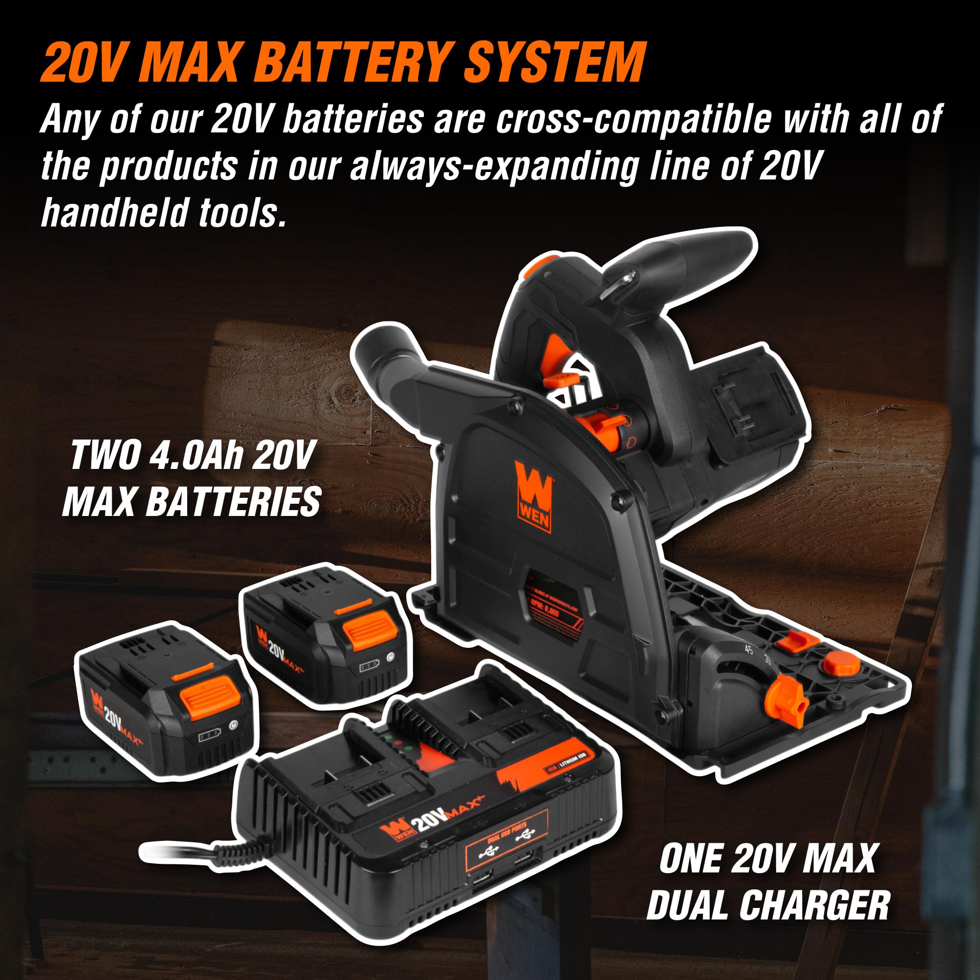 WEN 6.5-Inch Cordless Track Saw with Brushless Motor & Variable Speed - Includes 2x 20V Max 4.0Ah Batteries & Charger (Model 20691) - Perfect for Woodworking, DIY Projects & Professional Cutting Tasks