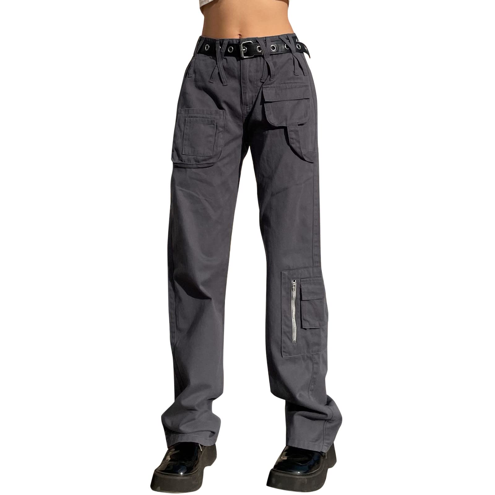 Women's High Waist Loose Cargo Pants with Drawstring Belt - Casual Wide Leg Denim Pants with Pockets (Grey) - Perfect for Streetwear, Workouts, and Everyday Comfort