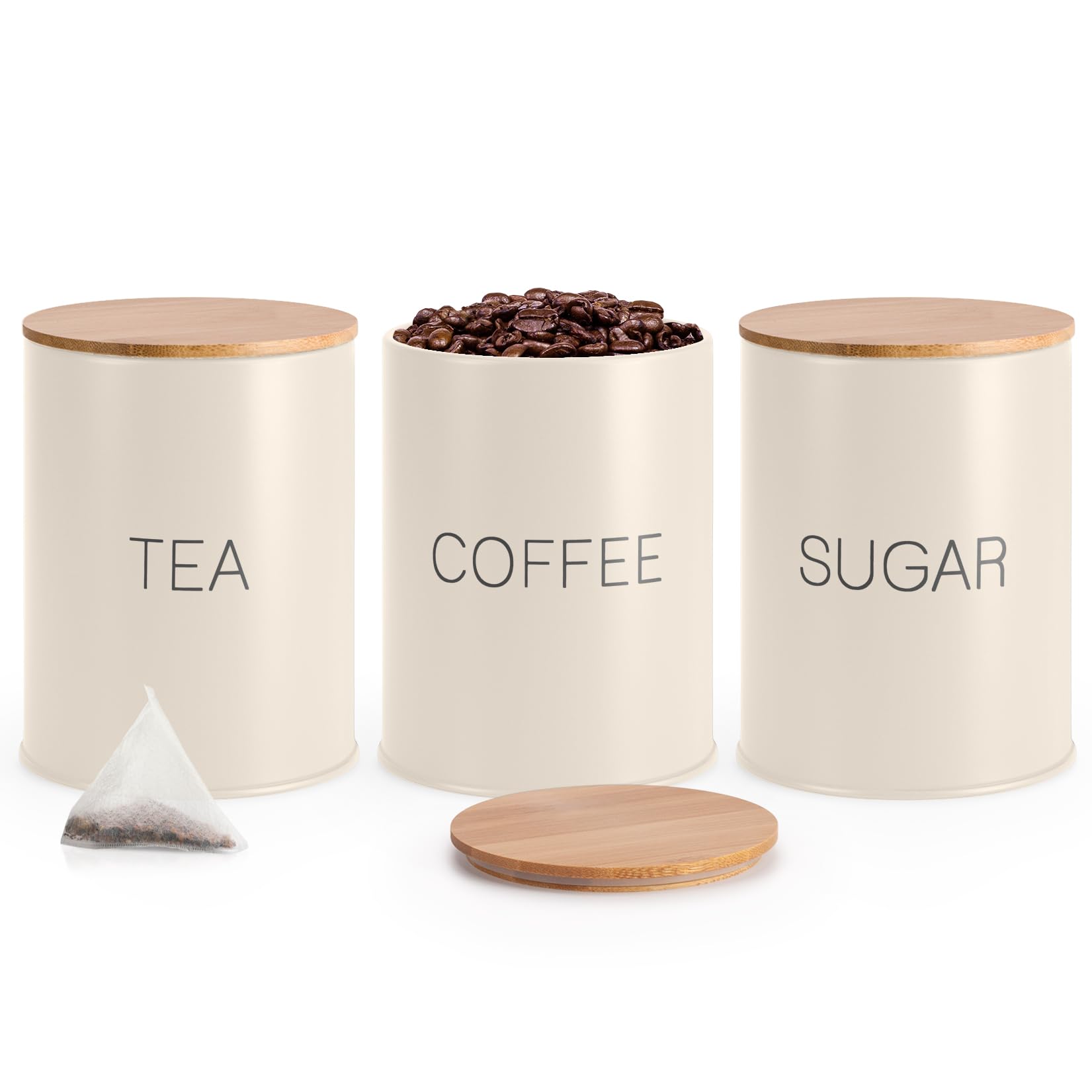 Premium Airtight Tea Sugar Coffee Canisters Set of 3 - Food Storage Containers with Lids - Kitchen Organization for Coffee, Tea, Sugar & Dry Goods - Perfect for Pantry, Office & Home Use