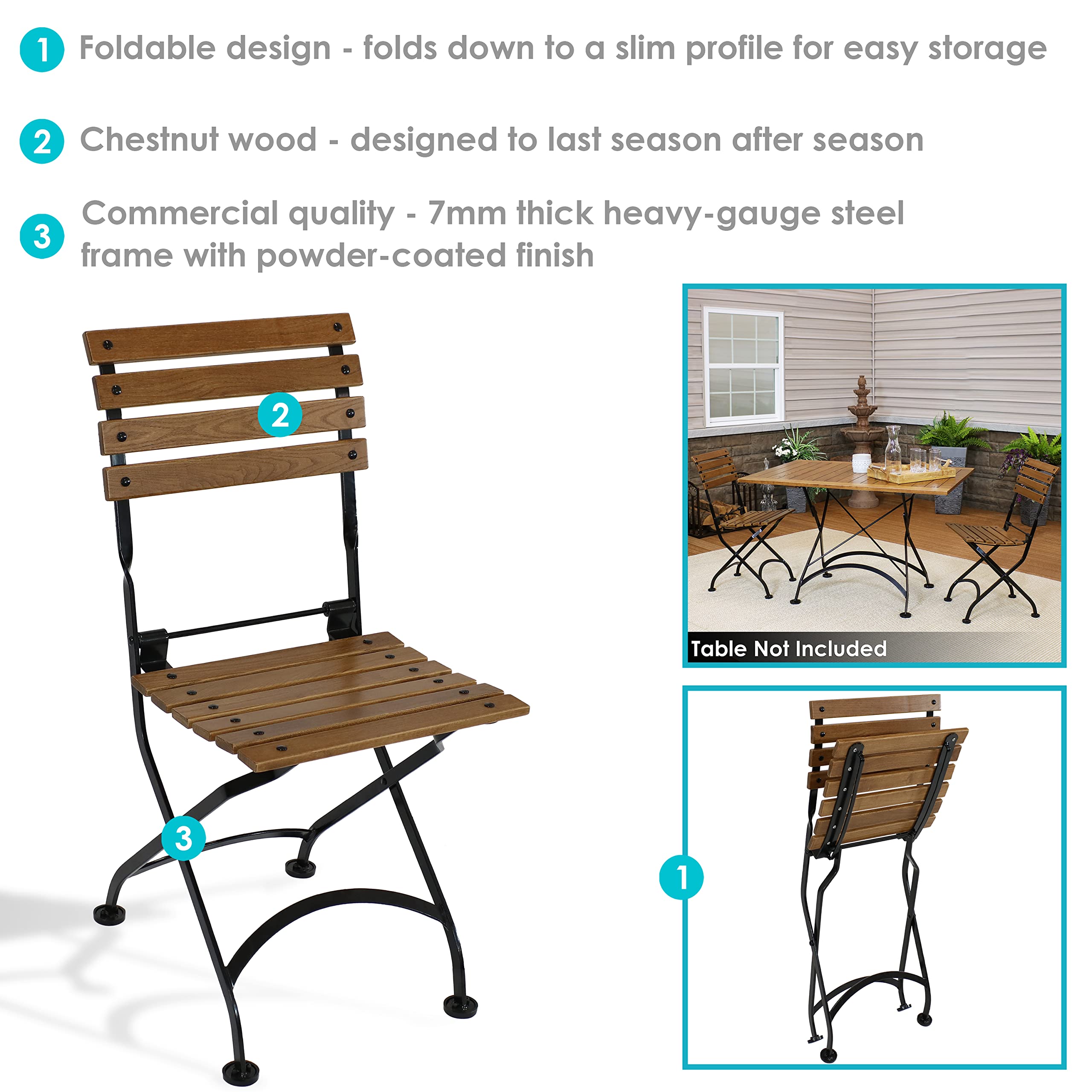 Sunnydaze European Chestnut Wooden Folding Dining Chairs Set of 2 - Sturdy Indoor Outdoor Patio Furniture for Dining Room, Garden, Picnic, and Camping