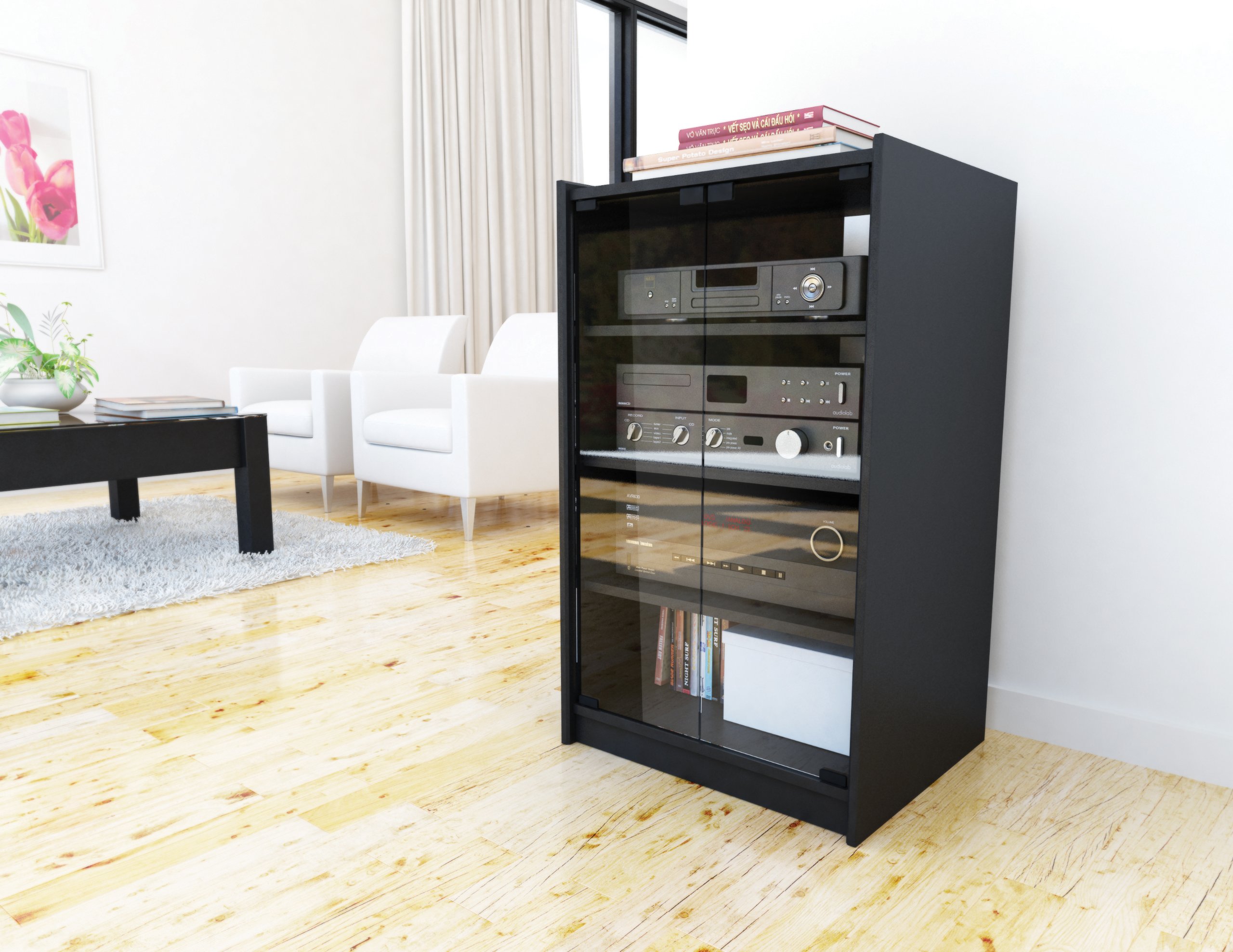 Corliving 4-Tier Media Stand with Adjustable Shelves - Black DVD Storage Cabinet with Tempered Glass Doors & Cable Management - Perfect for Living Room, Home Theater & Game Console Organization
