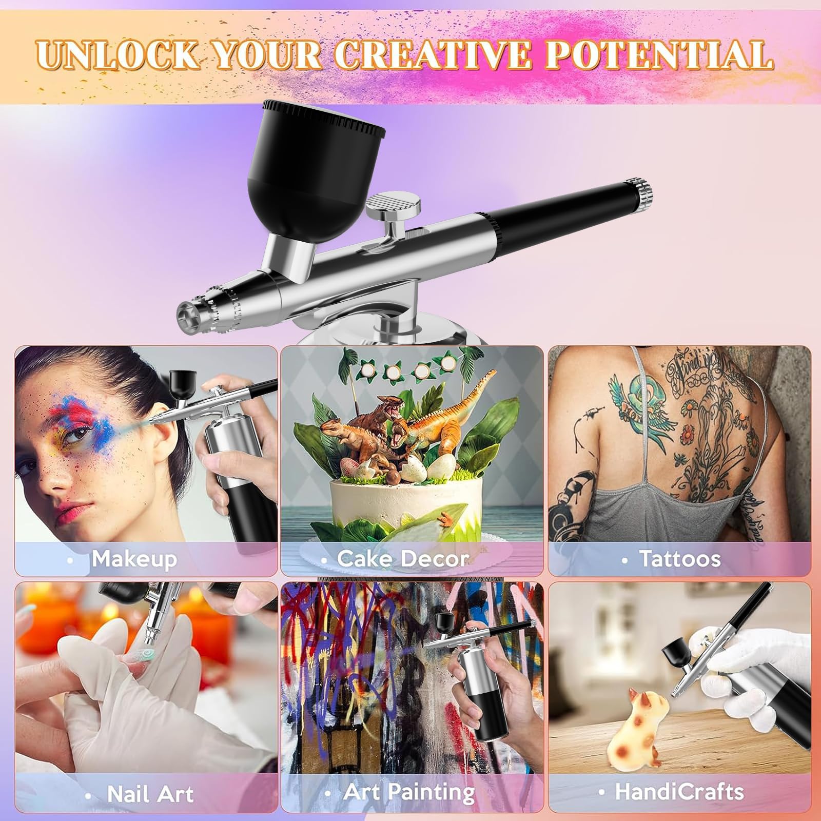 Professional Airbrush Kit with Air Compressor - Wireless Nail Paint & Makeup Airbrush for Barber, Nail Art, Cake Decorating, Tattoo & Model Painting (Silver Black) - Perfect for Home Salon, DIY Crafts & Professional Beauty Services